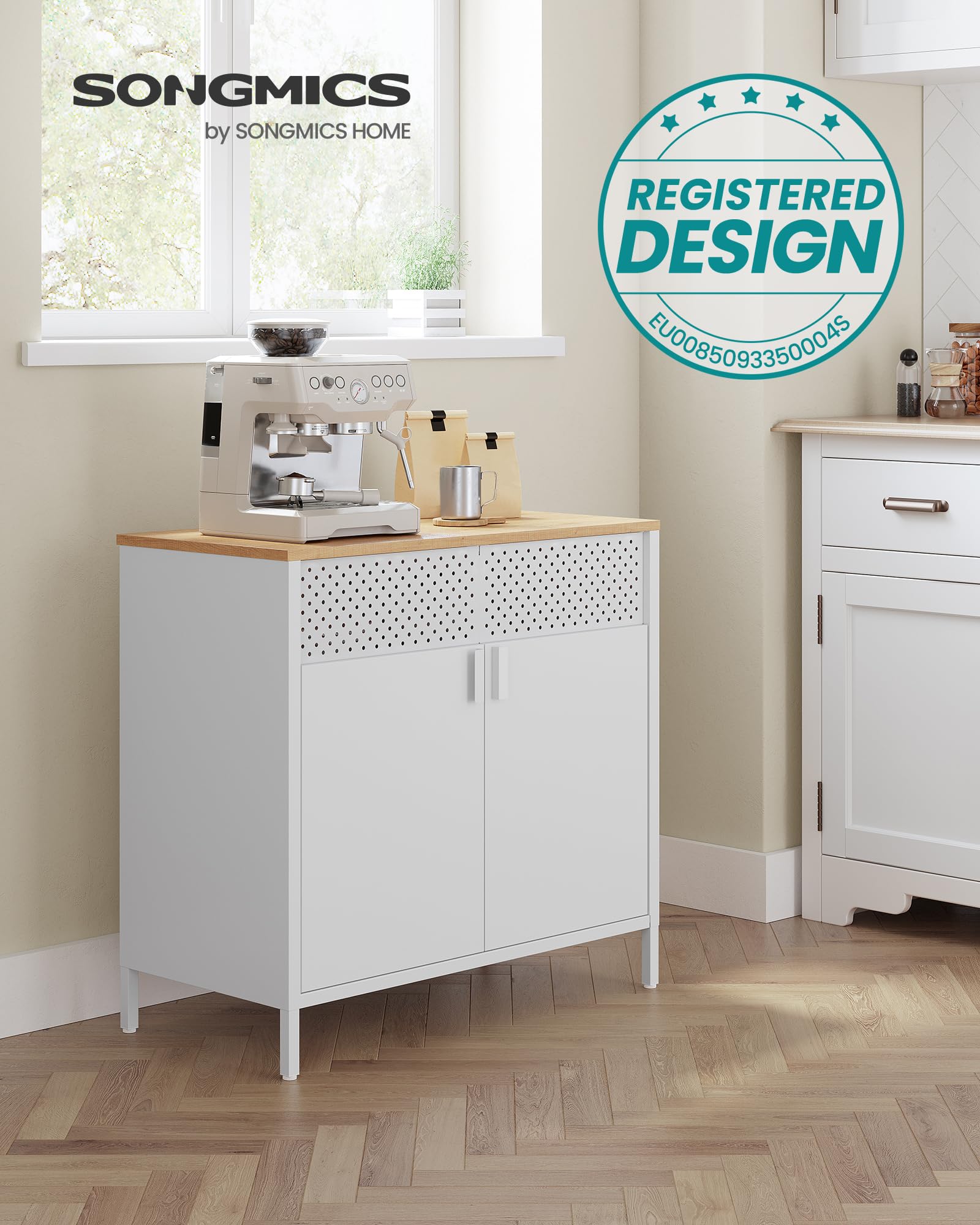 SONGMICS Mobile, Organizzatore, Armadio in Metallo, con Doppia Anta, Chiusura Magnetica, Ripiani Regolabili, Struttura in Acciaio, 40 x 80 x 76 cm, Beige Naturale e Bianco LSC102W57