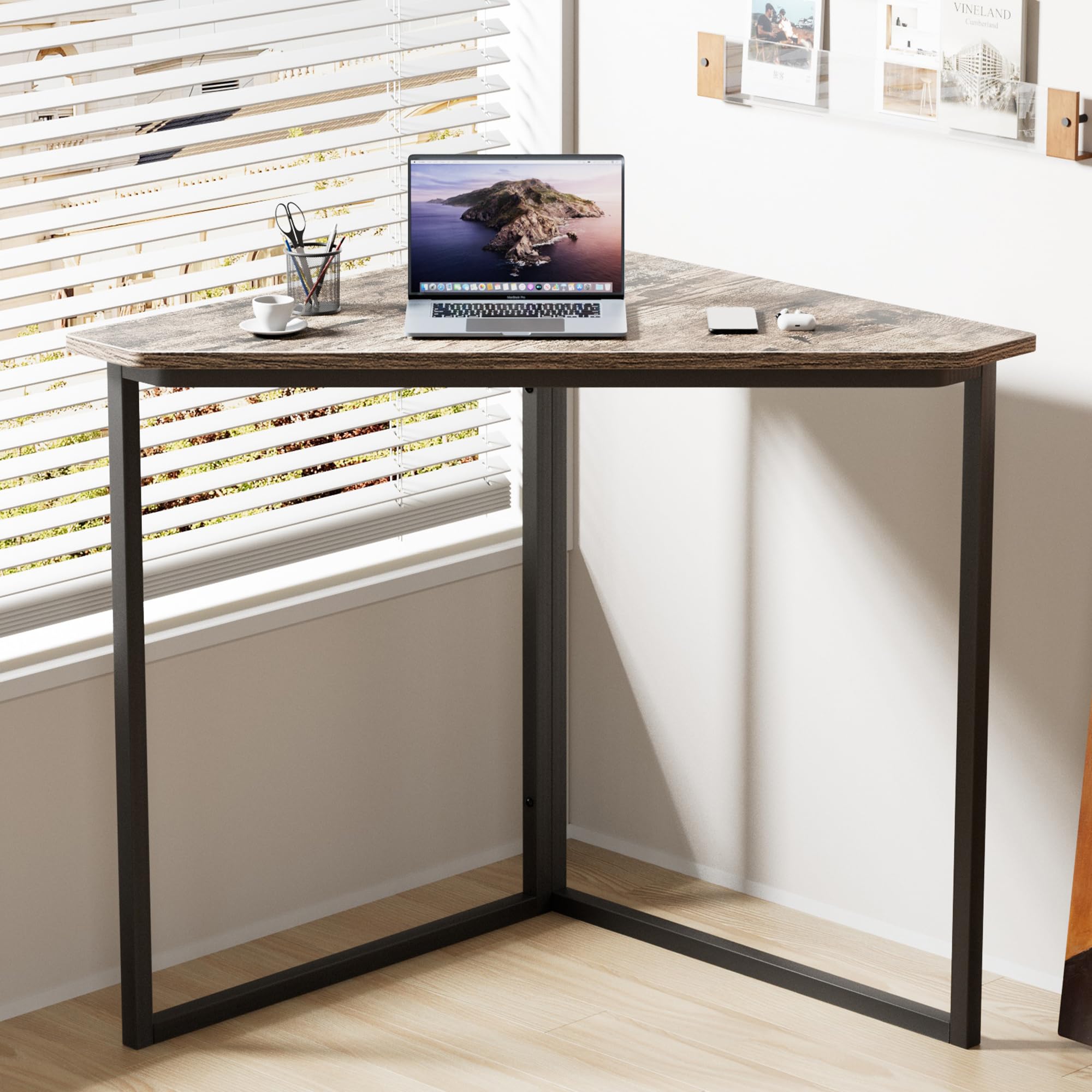 VECELO Corner Desk,Office Tables for Living Room for Small Space Triangle Computer Desk with Steel Frame Corner Shelves with Metal Frame Writing Desk