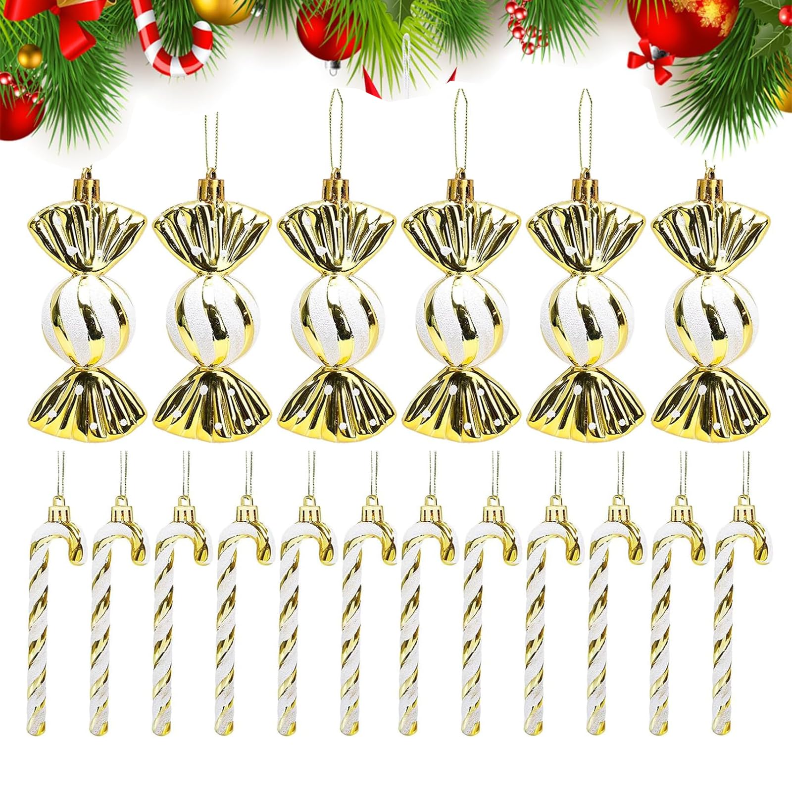QYDMIN 18 bastones de caramelo decorativos para árbol de Navidad, adornos para árbol de Navidad, color dorado y blanco, adornos para árbol de Navidad, decoración de fiesta de Navidad