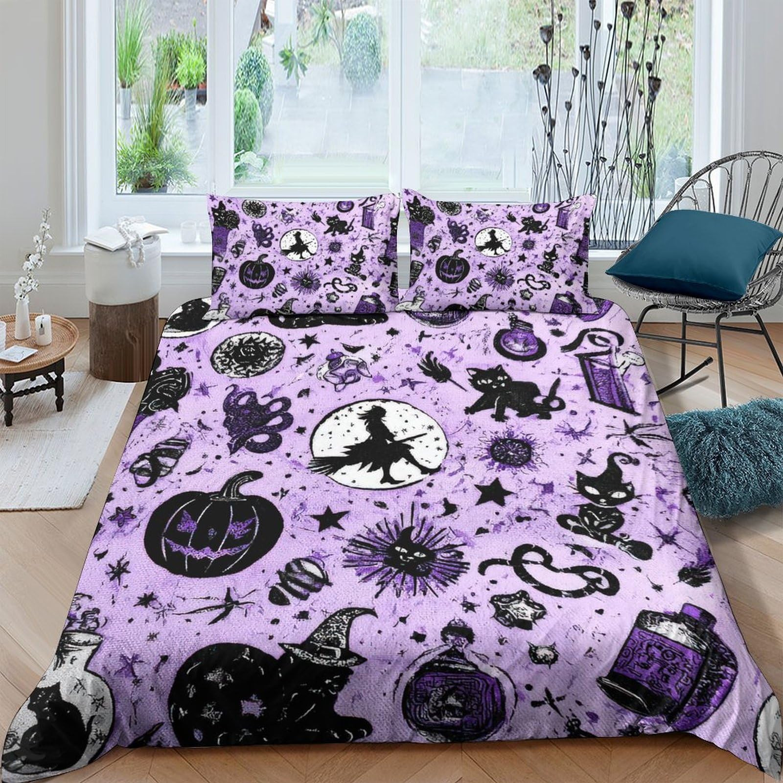 Ctjqhvkz Style-8 3D Printed Halloween Witch Fitted Sheet Microfiber Purple Pumpkin Bed Cover For Bedroom Decor Mattress Protection Single（135X200cm）