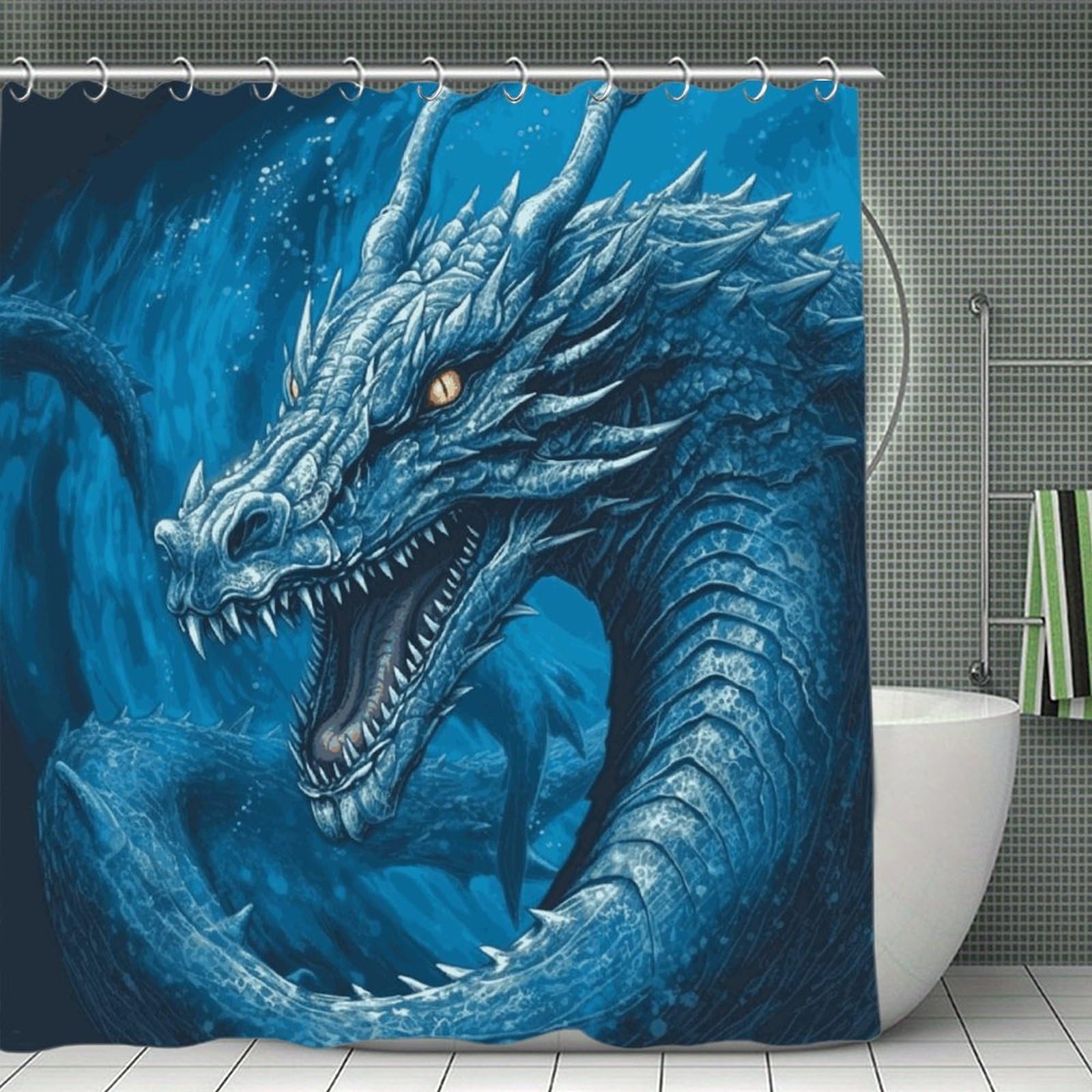 JTREHY Dragon Cool Blue Shower Curtain Waterproof Bathroom Shower Curtain Machine Washable Bath Curtains Polyester Cloth Bath Curtains for Bathroom Showers 70.8×70.8Inch