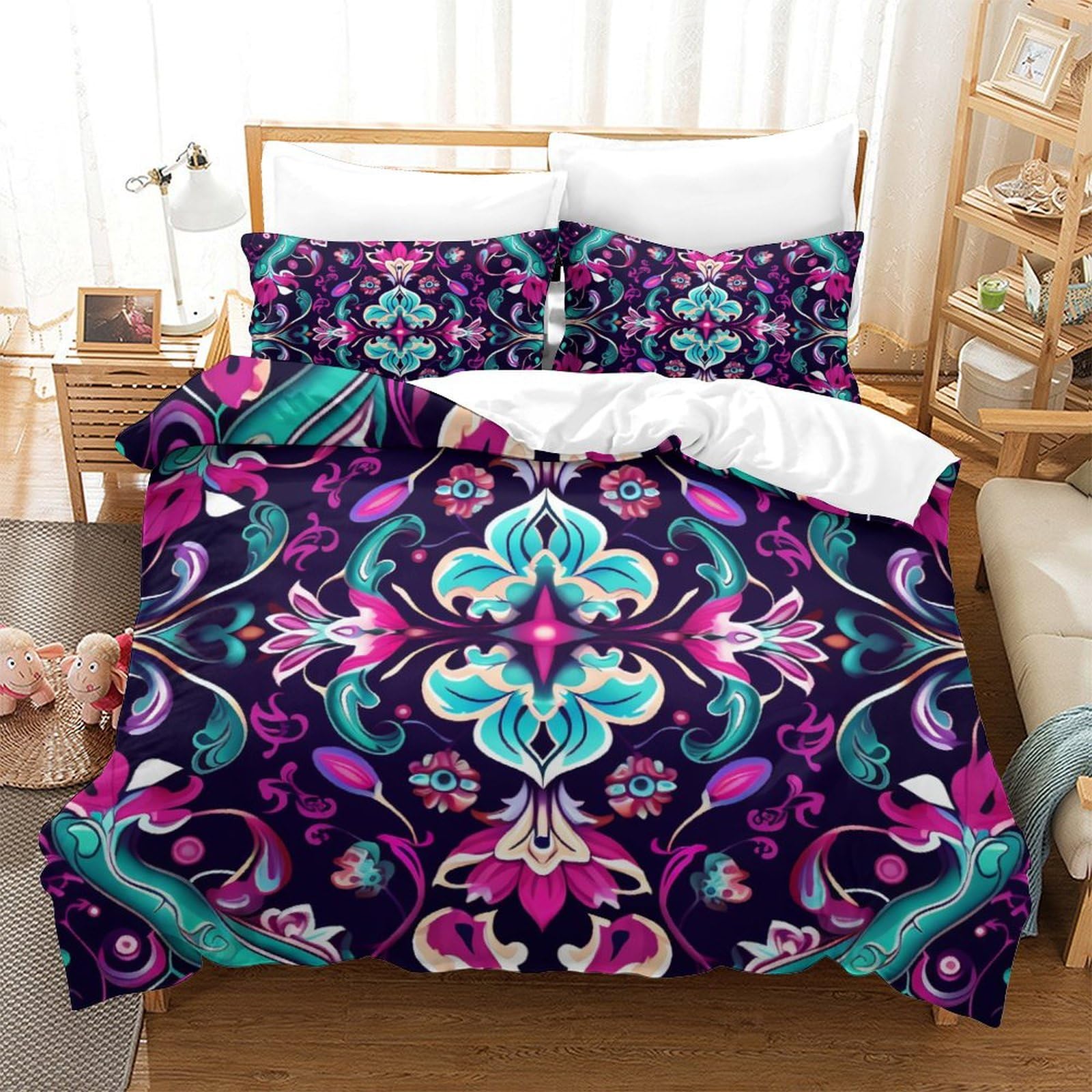 Housse de couette fleurs motif floral en relief 3D parure microfine 260x220cm