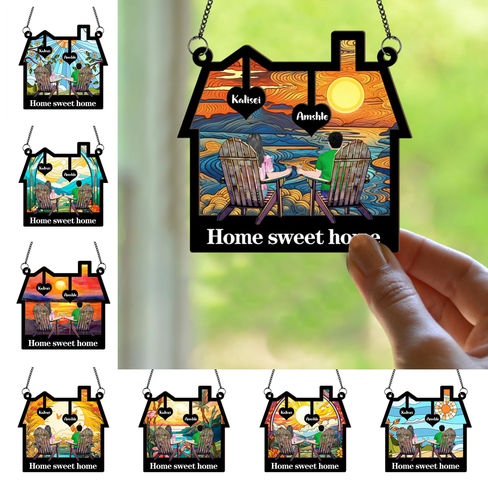 Personalized Suncatcher Ornament - Home Sweet Home Acrylic Window Hanging Sun Catcher - Custom Couple Name Portrait Houses Art Decoration - Wedding Anniversary Keepsake Gift
