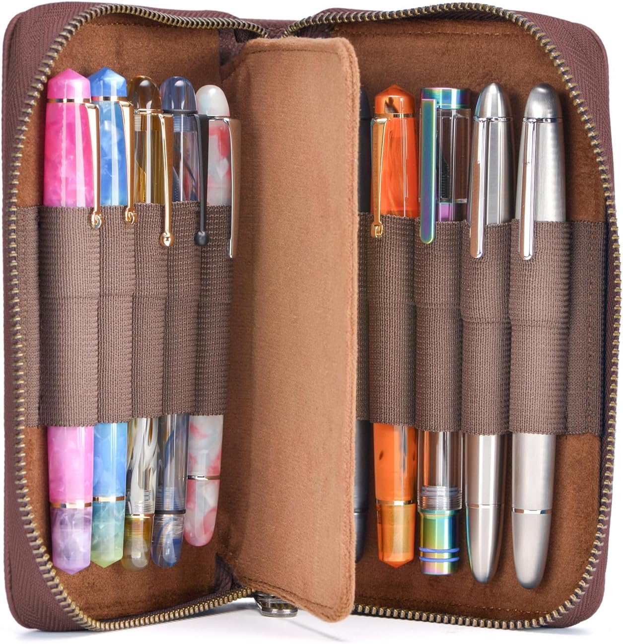 Fountain Pen Leather Pen Case 10 Divided Slots, Rollerball Pen Holder Handmade Display Organizer Zippered Pouch