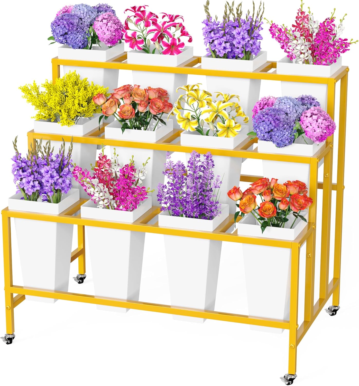 Putros Flower Display Stand with 12 Buckets Gold 3 Layers Metal Floral Cart with Wheels Moving Florist Bouquet Bar Plant Shelf for Indoor Outdoor Patio Garden Party Decor 37"L x 23.6"W x 31.5"H Gold