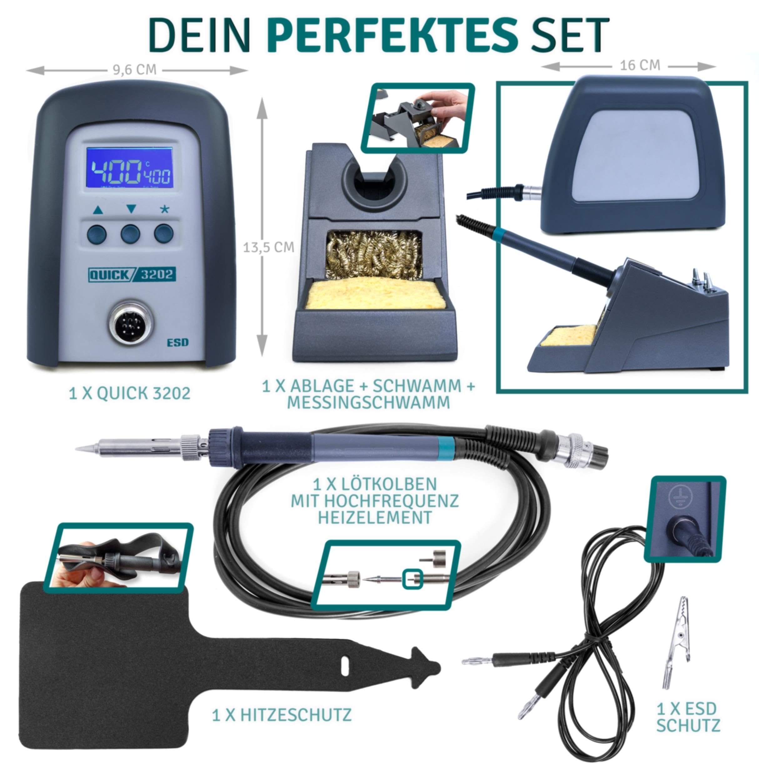 QUICK Estación de soldadura ESD regulable digitalmente, 90 W, incluye soldador con punta de soldadura de 1 mm y accesorios, calibrable a 100° a 550 °C, protección ESD y función de espera automática