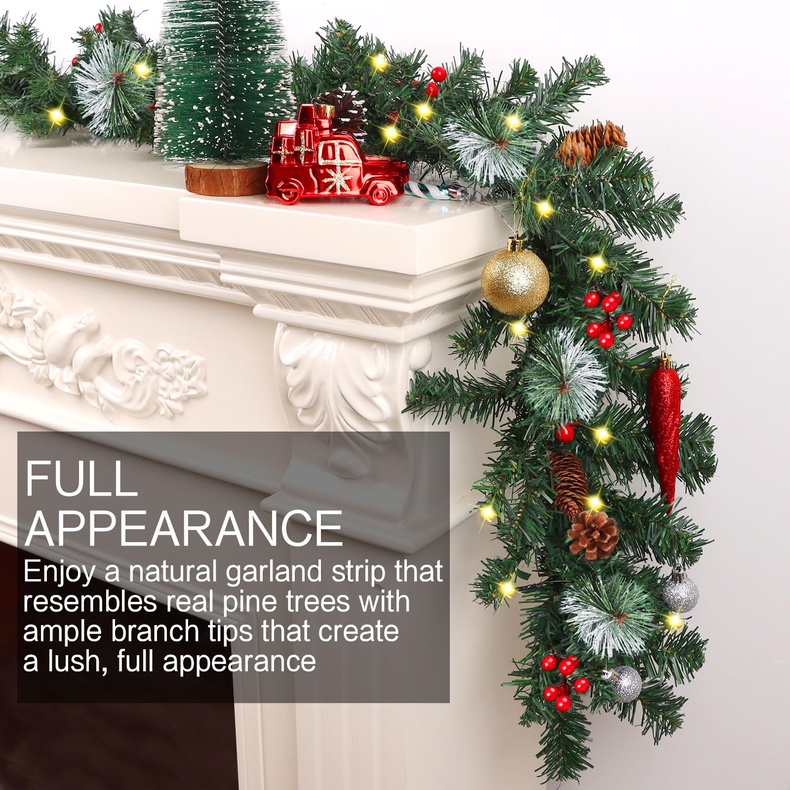 CCINEE Guirlande de Noël artificielle pré-éclairée de 2,7 m, guirlande de Noël à piles avec 50 lumières LED, guirlande de Noël éclairée avec pommes de pin et baies rouges pour décoration intérieure et
