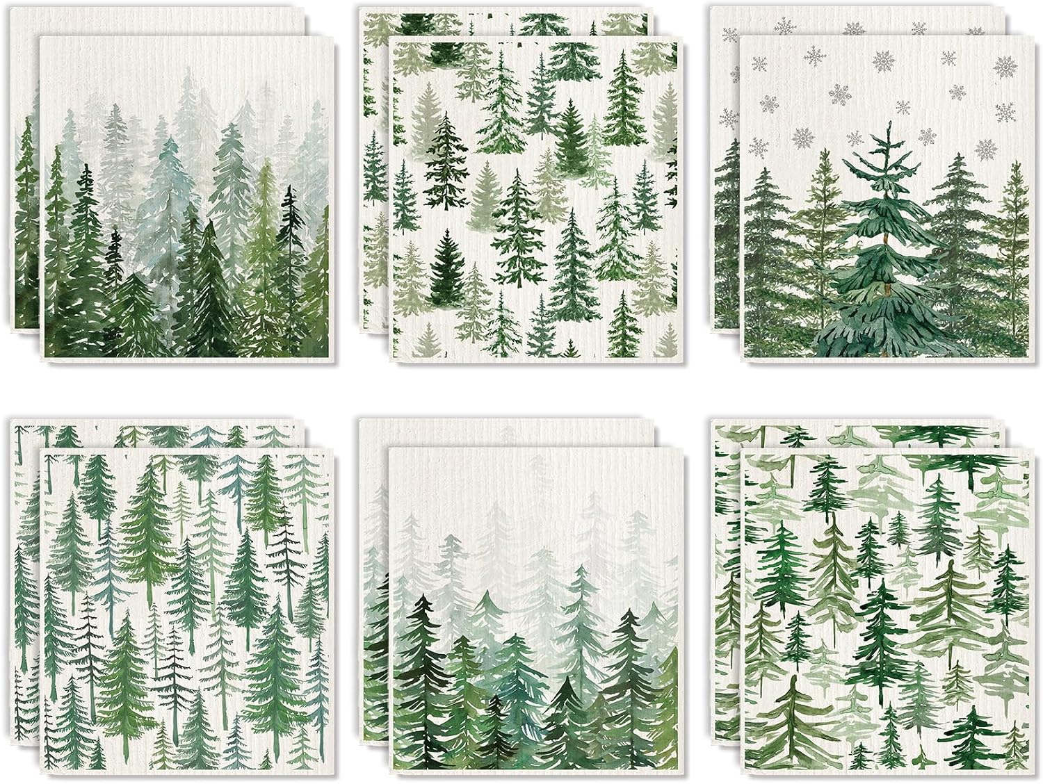 12Pcs Christmas Swedish Dishcloth Cotton Kitchen Towel Watercolor Xmas Pine Forest Snowflake Absorbent Dish Towels for Winter Home Party Housewarming Cleaning, 7 x 8 Inch
