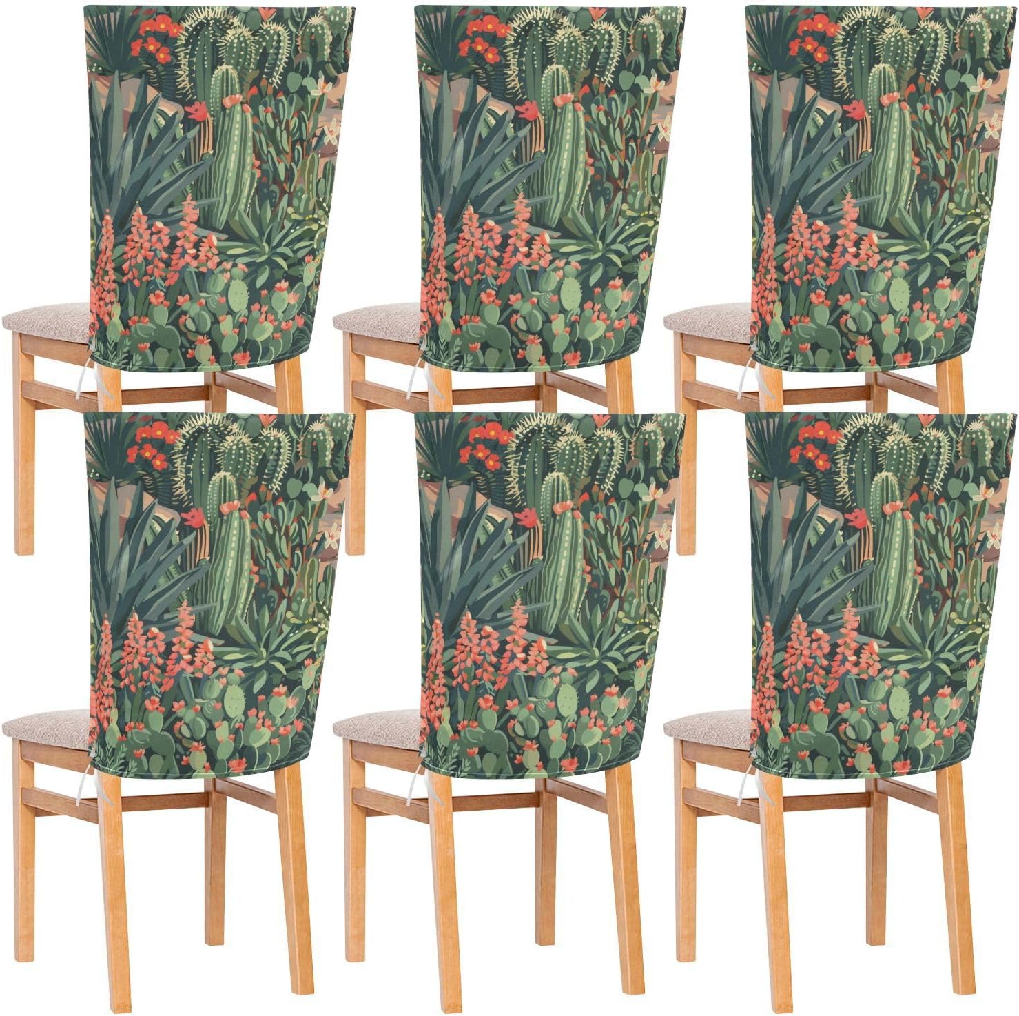 ALAZA Cacti Succulents Landscape Chair Back Cover Set of 6, Washable Reusable Removable Chair Slipcovers Decorative Chair Cover for Home Kitchen Wedding Party