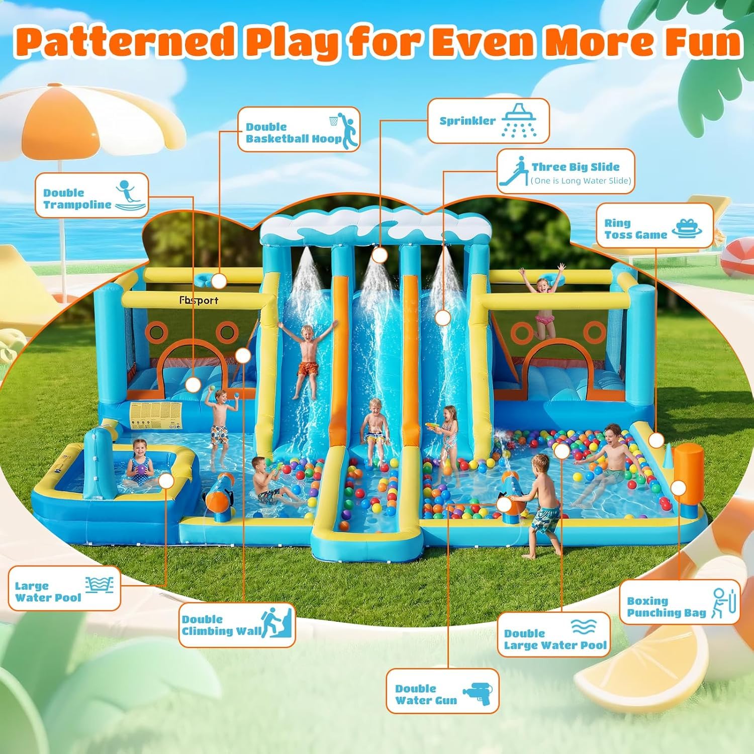 FBSPORT Aufblasbare Hüpfburg mit Gebläse,wasserpark hüpfburgen mit Wasserrutsche, Planschbecken, Sprungbereich & Kletterwand, für Innen- und Außenbereich