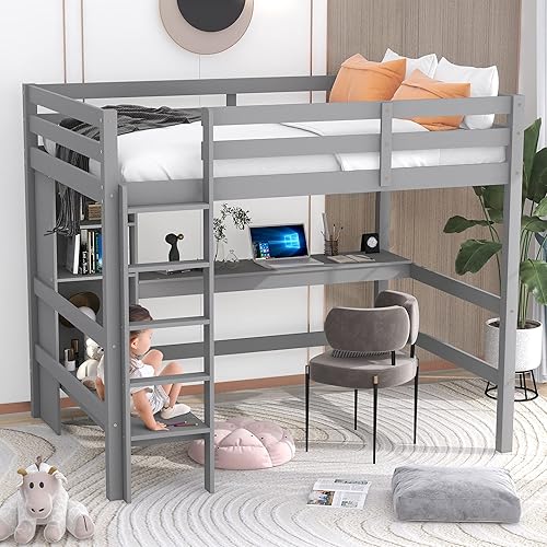 Merax Full-Size Wood Loft Bed with Multifunction Shelves and Under-Bed Desk, Wooden Bedframe with Ladder and Safety Guardrail for Boys Girls Adult, No Spring Box Needed, Grey
