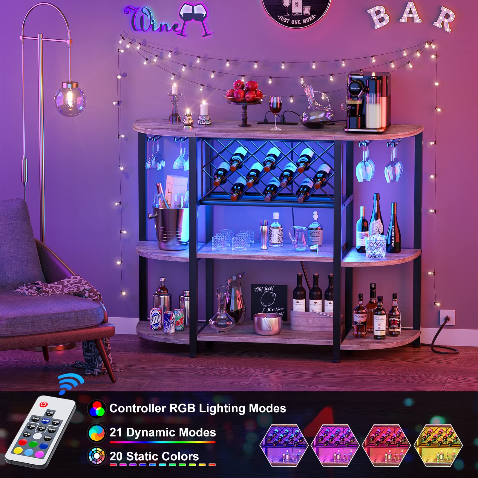 Unikito 4-Tier Metal Coffee Bar Cabinet with Outlet and LED Light, Freestanding Floor Bar Table for Liquor with Glass Holder and Wine Rack Storage, Wine Bakers Rack for Kitchen Dining Room, White Oak