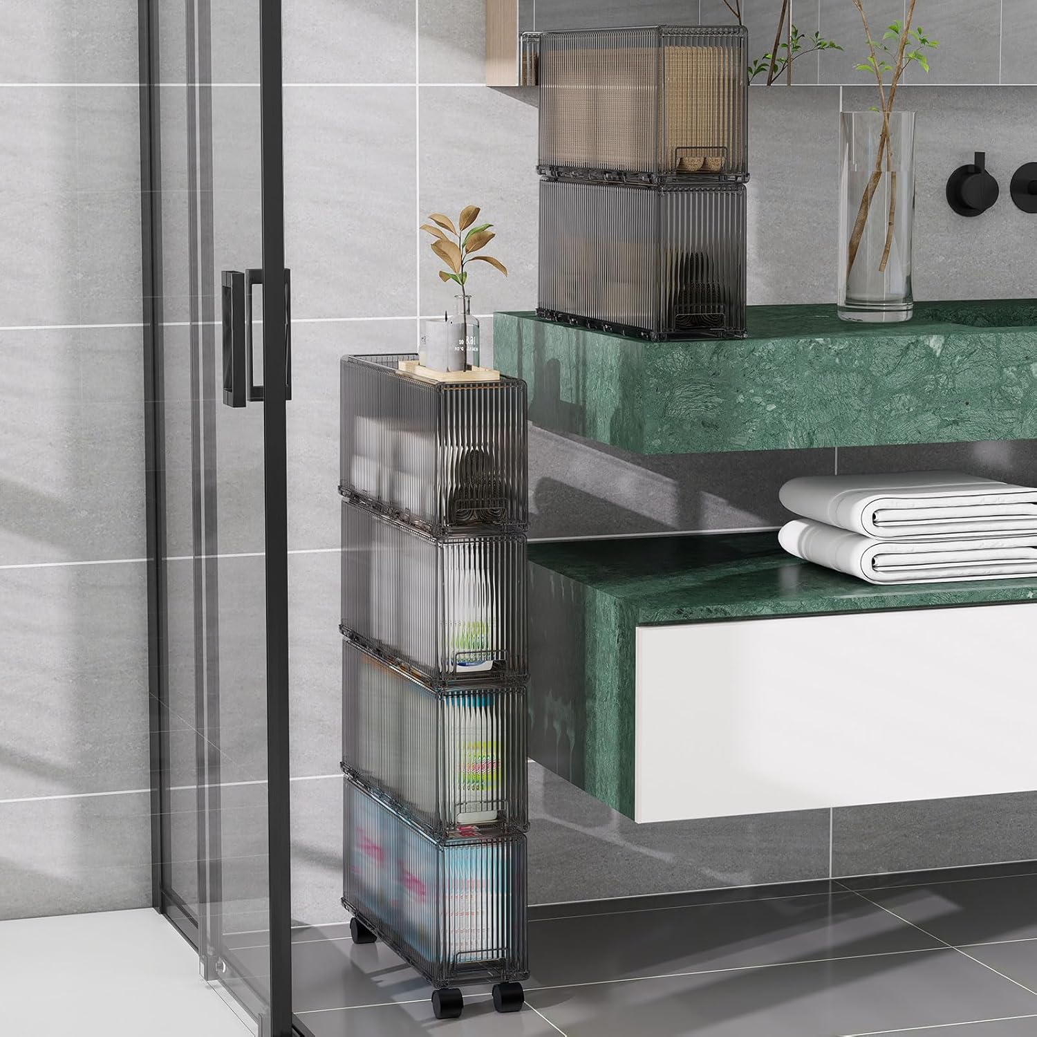 KHNR Slim 6 Tier Bathroom Storage Cabinet with Wheels, Narrow Gap Organizer Shelf, Tower for Shampoo, Towels, Toilet Paper Toiletries, Perfect for Bathroom Corner or Beside Toilet, Clear Grey