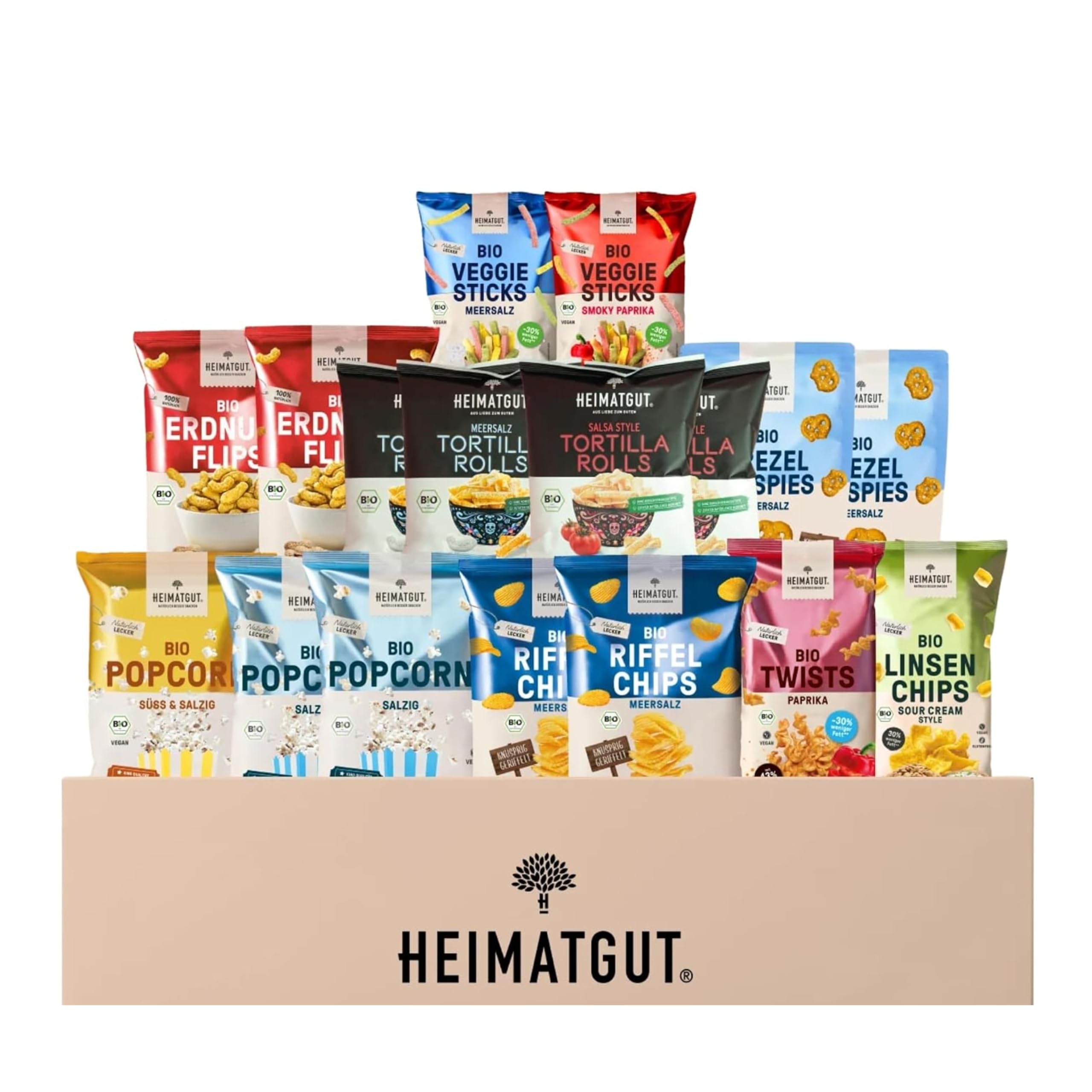 HEIMATGUT Bio WM Snackbox 2026, Snack-Mix - 17 vegane Bio-Snacks, salzig & herzhaft - Snackbox zum Probieren, Teilen & Verschenken
