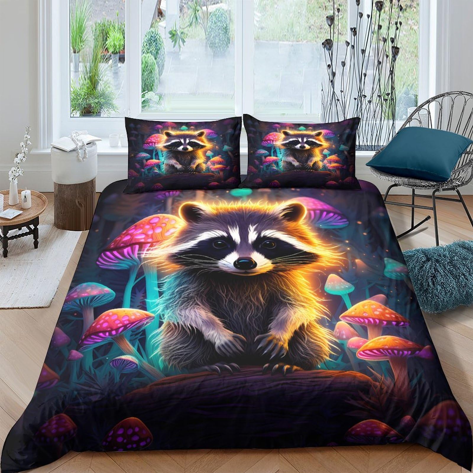 Ctjqhvkz Style-1 3D Printed Neon Raccoon Fitted Sheet Microfiber Soft Anti-Slip Forest Mushrooms Mattress Cover For Bedroom Dorm Decor Single（135X200cm）
