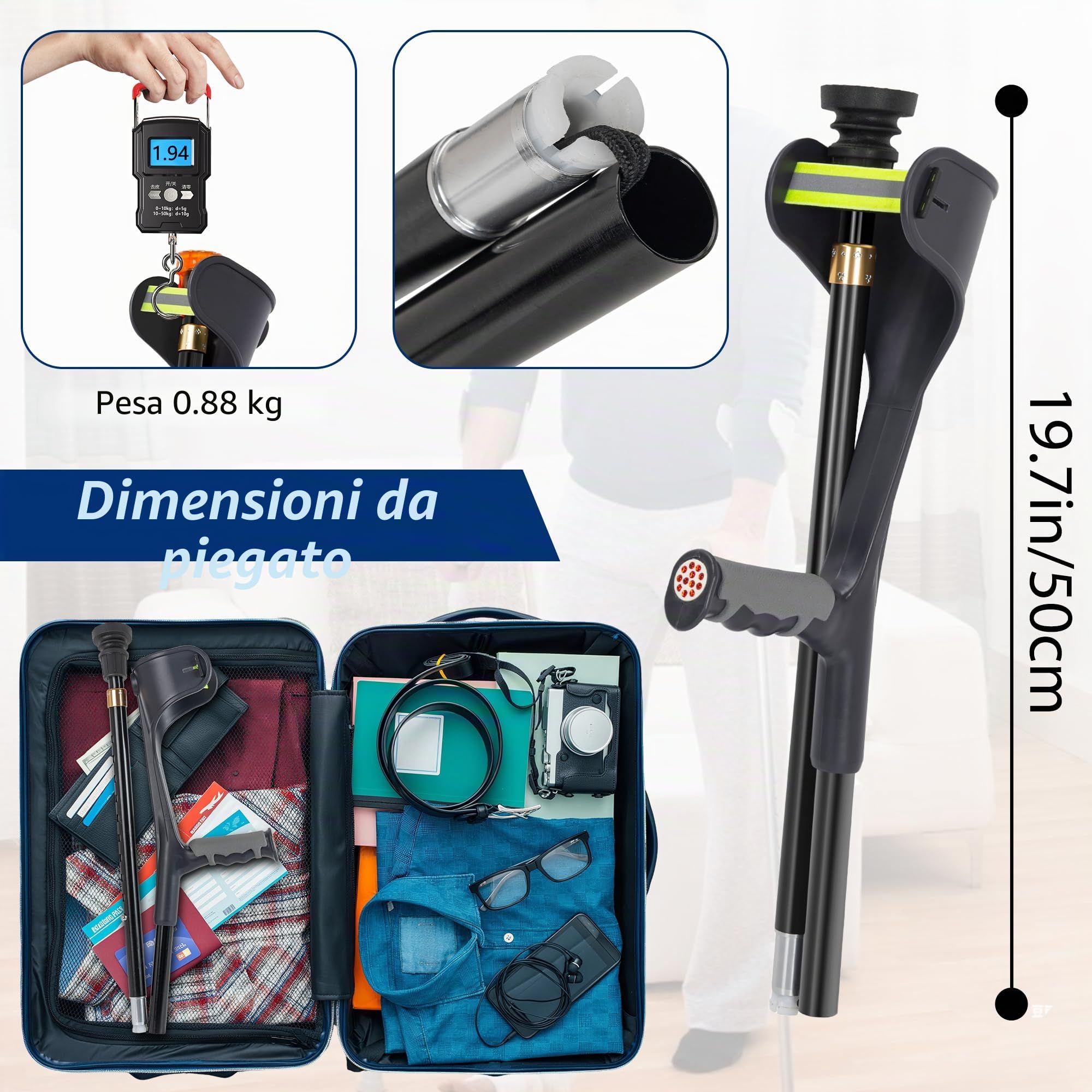 OUUTMEE Stampelle pieghevoli per avambraccio per adulti (1 PCS) con piedini antiscivolo | Stampelle a gomito regolabili e leggere con polsini, stampelle da viaggio, ausili per la mobilità e la deambulazione, nero