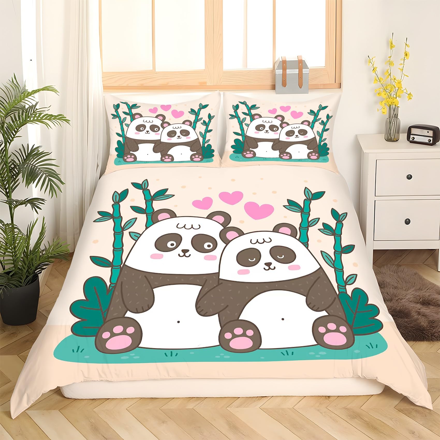 3-częściowy komplet pościeli 155 x 220 cm, wzór panda, poszewka na kołdrę dla dzieci, z mikrofibry, puszysta, miękka poszwa na kołdrę i 2 poszewki na poduszkę 80 x 80 cm, z zamkiem