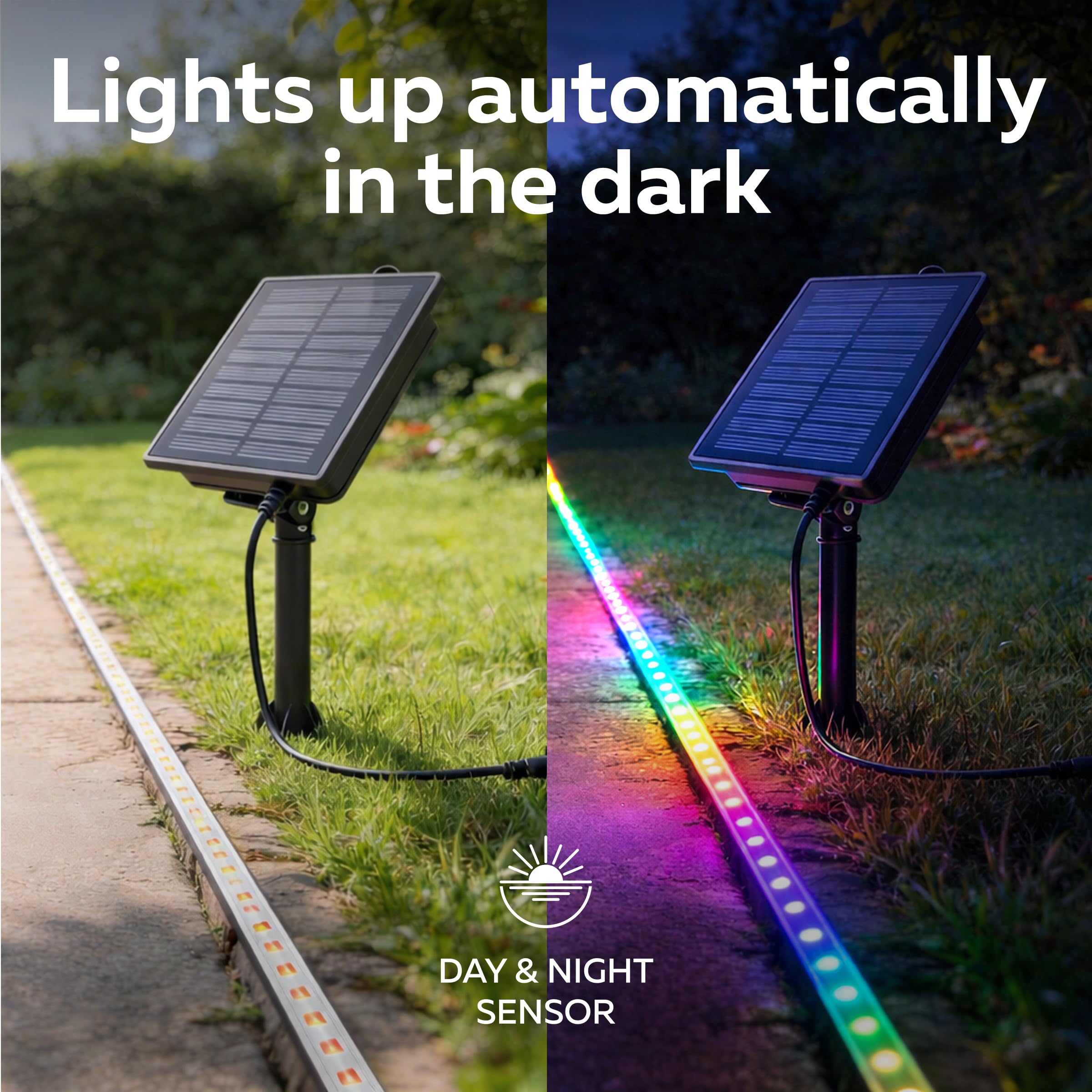 CALEX Vista Tira LED Solar, 3m, RGB y Blanco Cálido, USB-C, pack de 8 | Se recarga con energía solar o mediante USB-C, con un diseño impermeable para vallas y terrazas