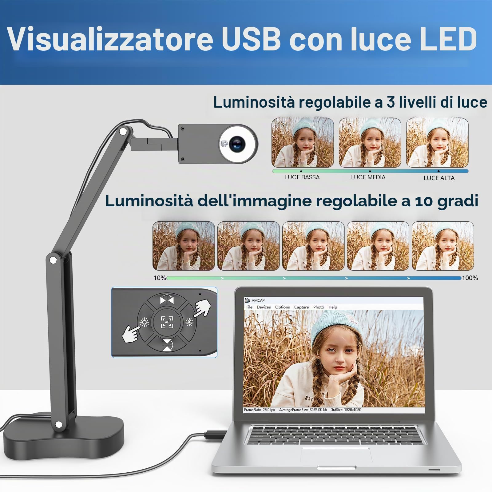 8MP Telecamera per Documenti & USB Document Camera per Insegnanti Microfono, Luce LED a 3 Livelli, Inversione dell'immagine su e giù, Sinistra e Destra per Apprendimento, Registrazione video