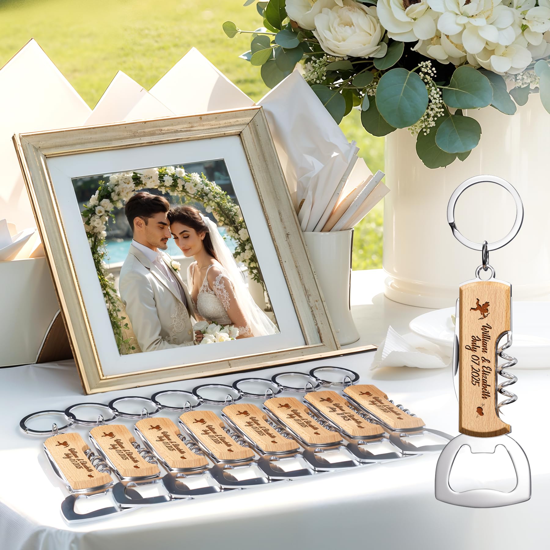 30 pièces Ouvre-bouteille Multifonction en Bois Personnalisé, Cadeaux d'Invites Gravés pour Mariage, Anniversaire ou Fête – Porte-clés Ouvre-bouteille