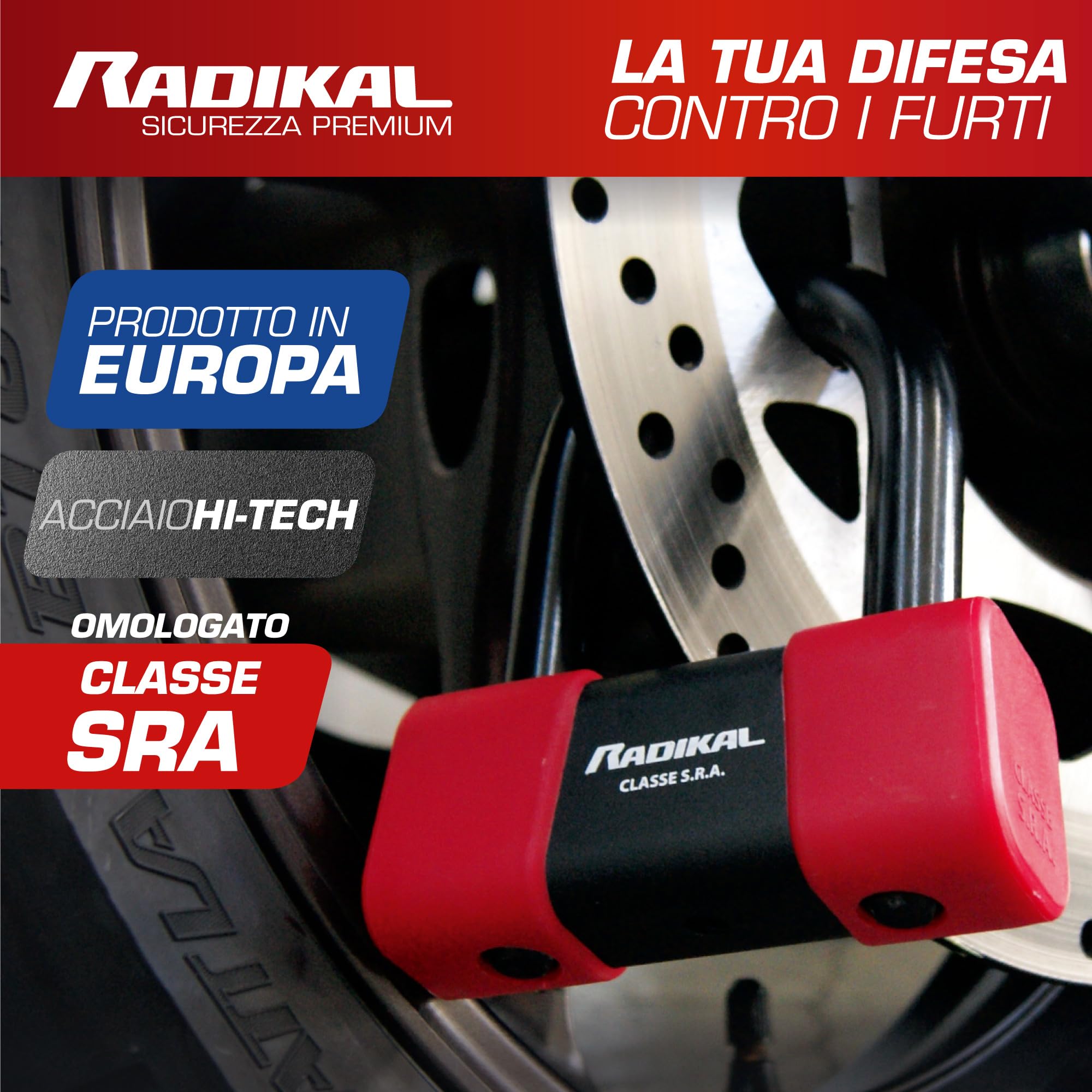 RADIKAL RK75 Antifurto Moto Sicurezza Premium, Blocca Disco per Moto Omologato SRA, Lucchetto Mini U 18mm Doppio Bloccaggio, Serratura Antiscasso, Bloccadisco Acciaio Cementato, Cavo Promemoria