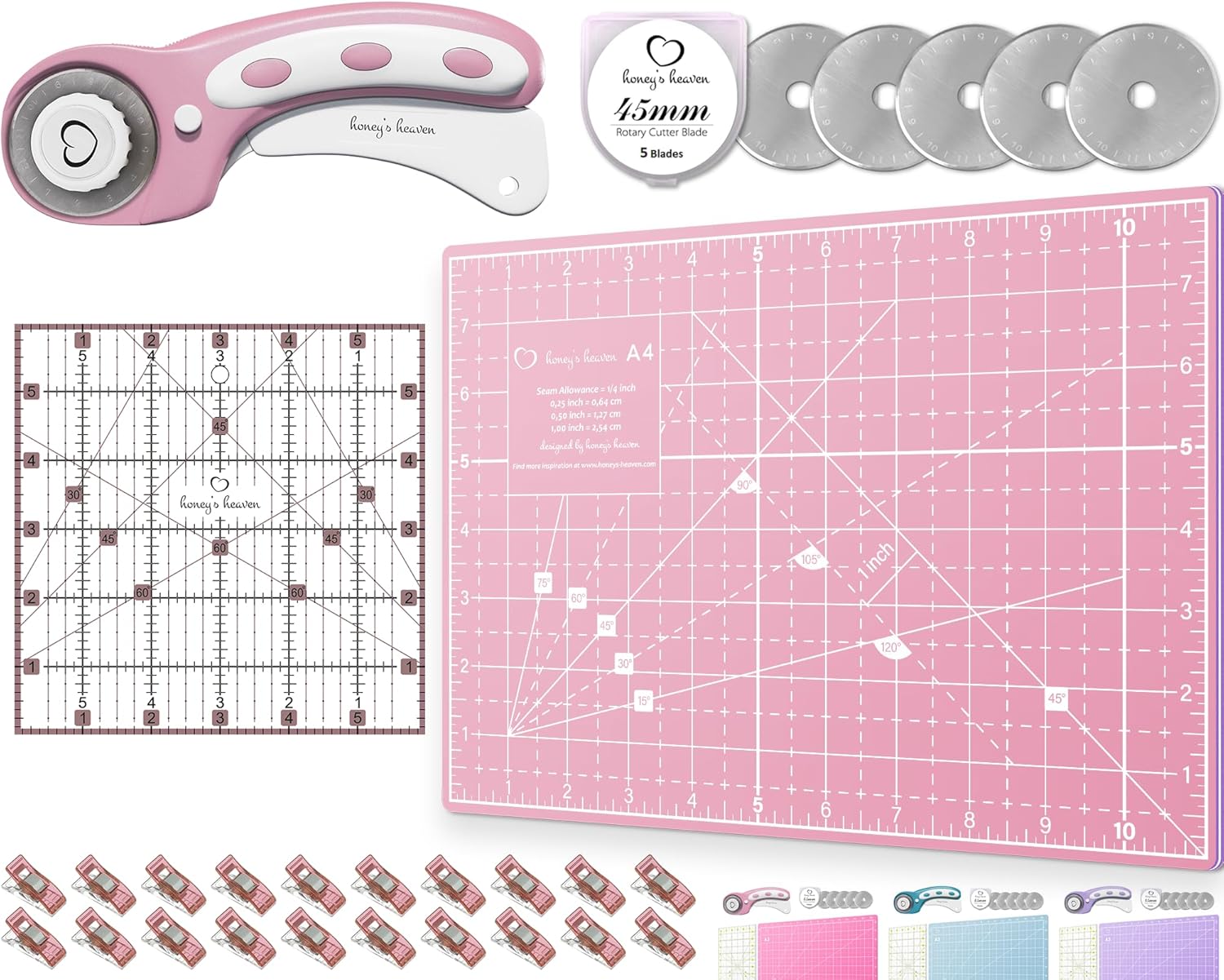 Rotary Cutter Set – Quilting Kit incl. 45mm Fabric Cutter, 5 Replacement Blades, A4 Cutting Mat, Acrylic Ruler and Craft Clips – Ideal for Crafting, Sewing, Patchworking, Crochet & Knitting (Pink, A4) Rotary Cutter Set – Quilting Kit incl. 45mm Fabric Cutter, 5 Replacement Blades, A4 Cutting Mat, Acrylic Ruler and Craft Clips – Ideal for Crafting, Sewing, Patchworking, Crochet & Knitting (Pink, A4)