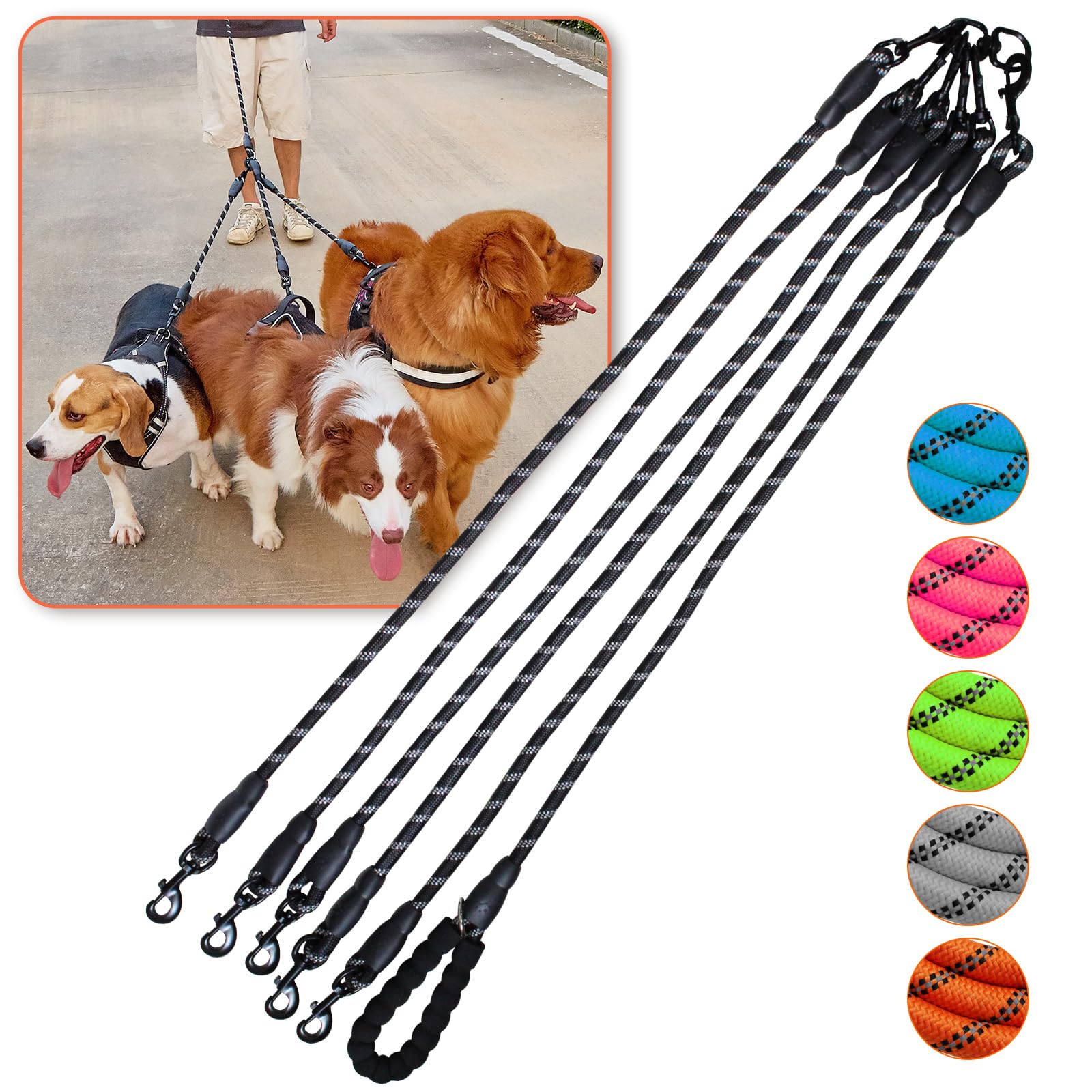 Five Dog Leash No Tangle Triple for 5 Dogs,360 Swivel No Tangle Walking Leash for 5 Dogs with Reflective for Large Medium Small Dogs (Black, 5 Way) — image 1