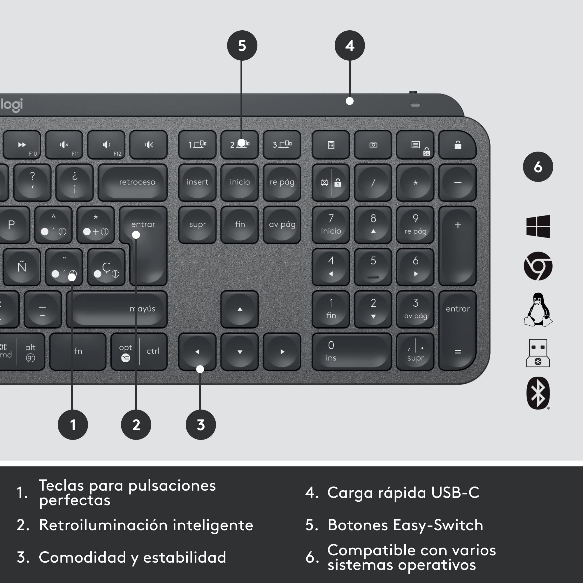 Logitech MX Keys Advanced for Business - Teclado inalámbrico Iluminado, Receptor USB Logi Bolt, Bluetooth, Teclas retroiluminadas, Recargable, Windows/Mac/Linux, QWERTY Español - Grafito