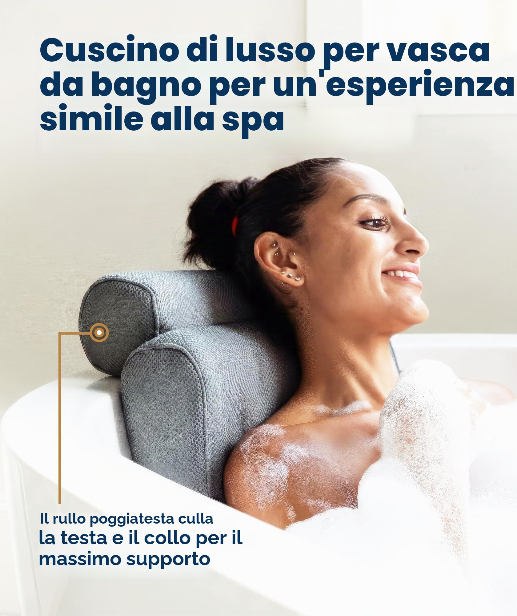 Everlasting Comfort Cuscino vasca da bagno di lusso per testa, collo e schiena – Cuscino antiscivolo con ventose, mesh ad asciugatura rapida e gancio (Grigio)