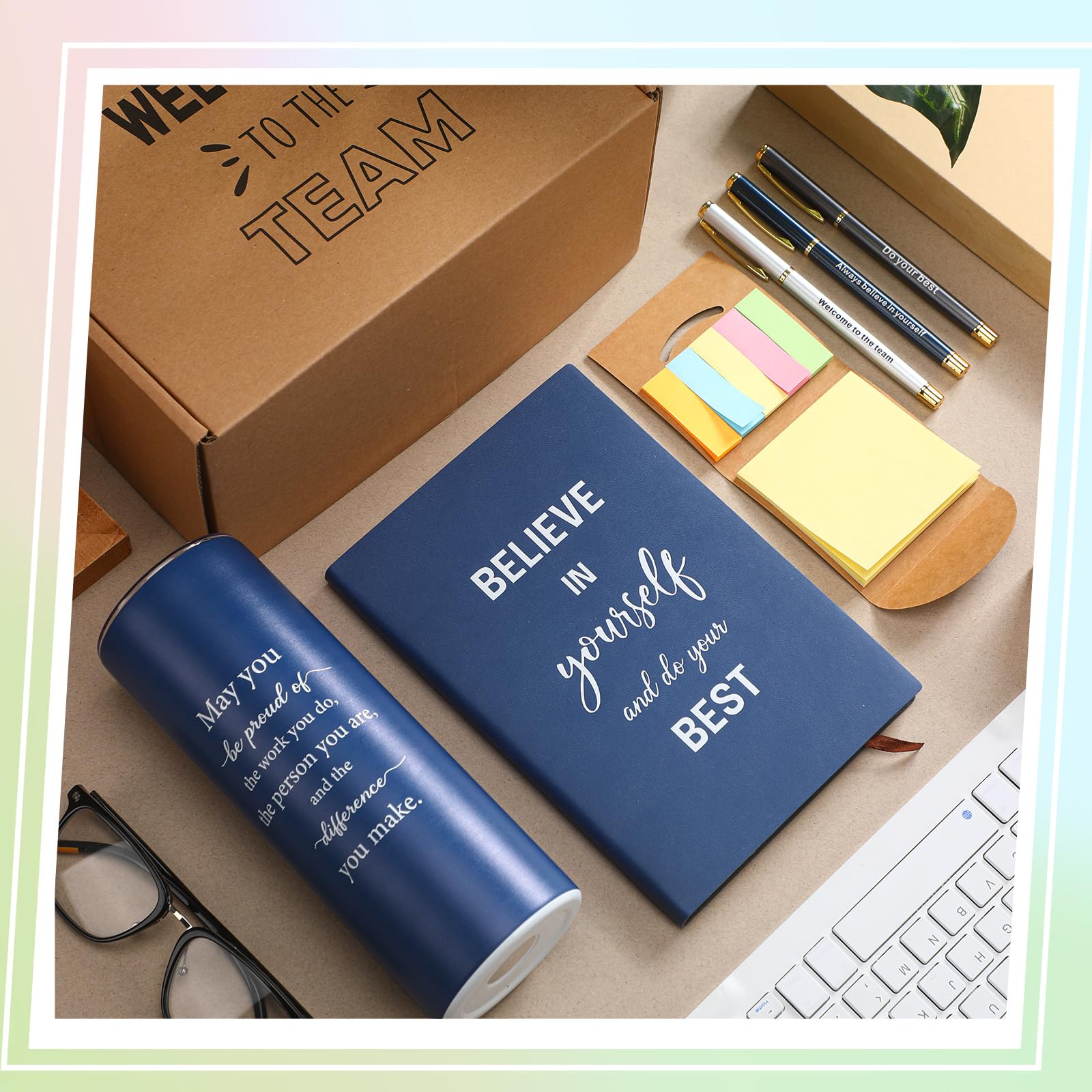 Teenyyou Juego de regalo de bienvenida al equipo de 7 piezas, incluye 1 vaso de 20 onzas, 1 cuaderno, 3 bolígrafos y 1 nota adhesiva para nuevos empleados (azul)