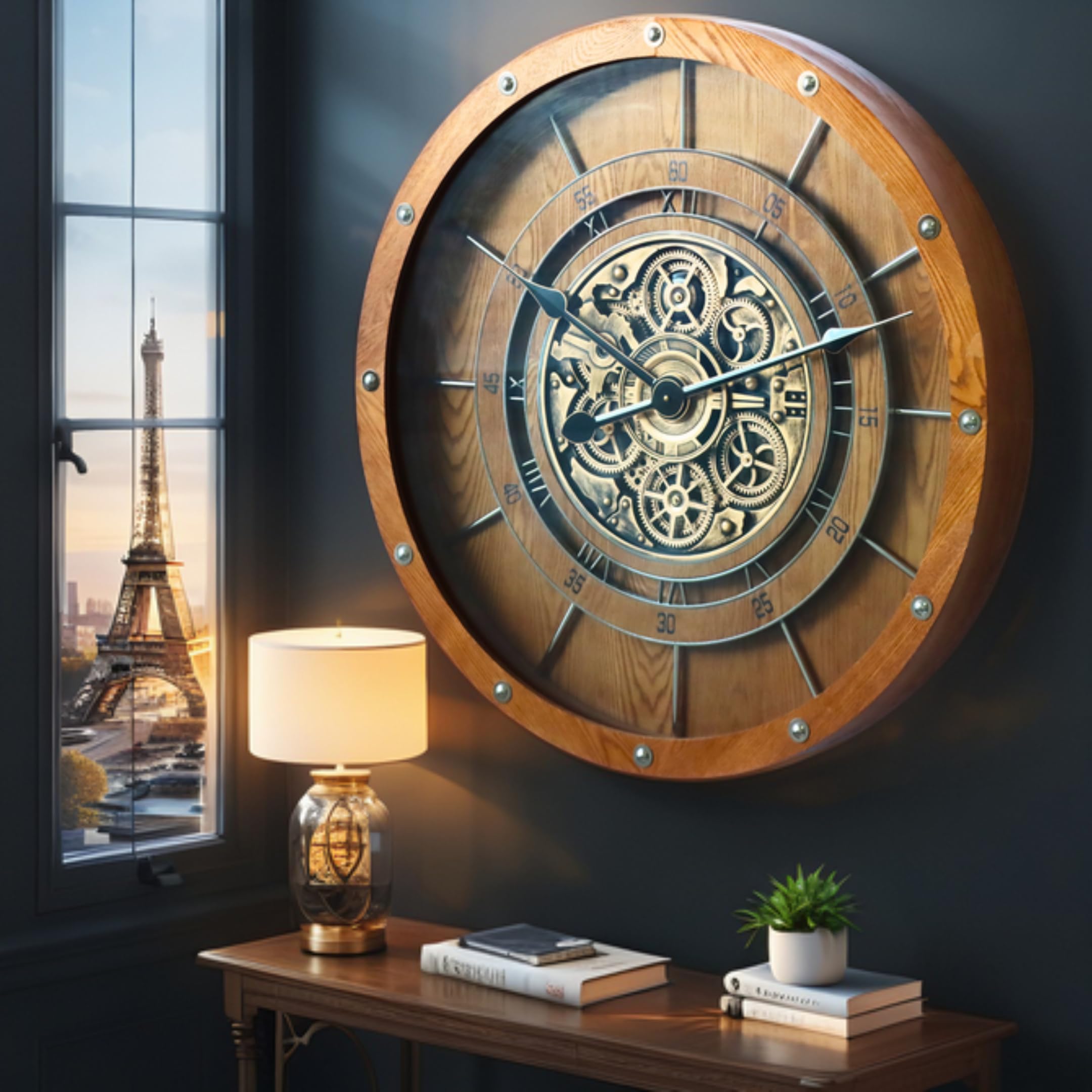 THE GEARS CLOCK Reloj de pared de 32 pulgadas con mecanismo de movimiento real, línea francesa (marrón vintage, 80 cm)