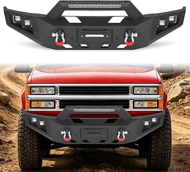 MONOKING Front Bumper for 1992-1999 Chevy Suburban and Yukon, 1995-1999 Chevy Tahoe, Heavy Duty Steel Off-Road Winch Bumper with LED Lights & D-Rings, Textured Black