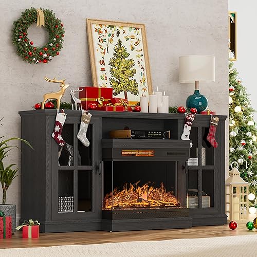YESHOMY Glass Fireplace TV Stand for Televisions up to 65", Media Entertainment Center Console Table with Doors Closed Storage, Black with Wood Grain