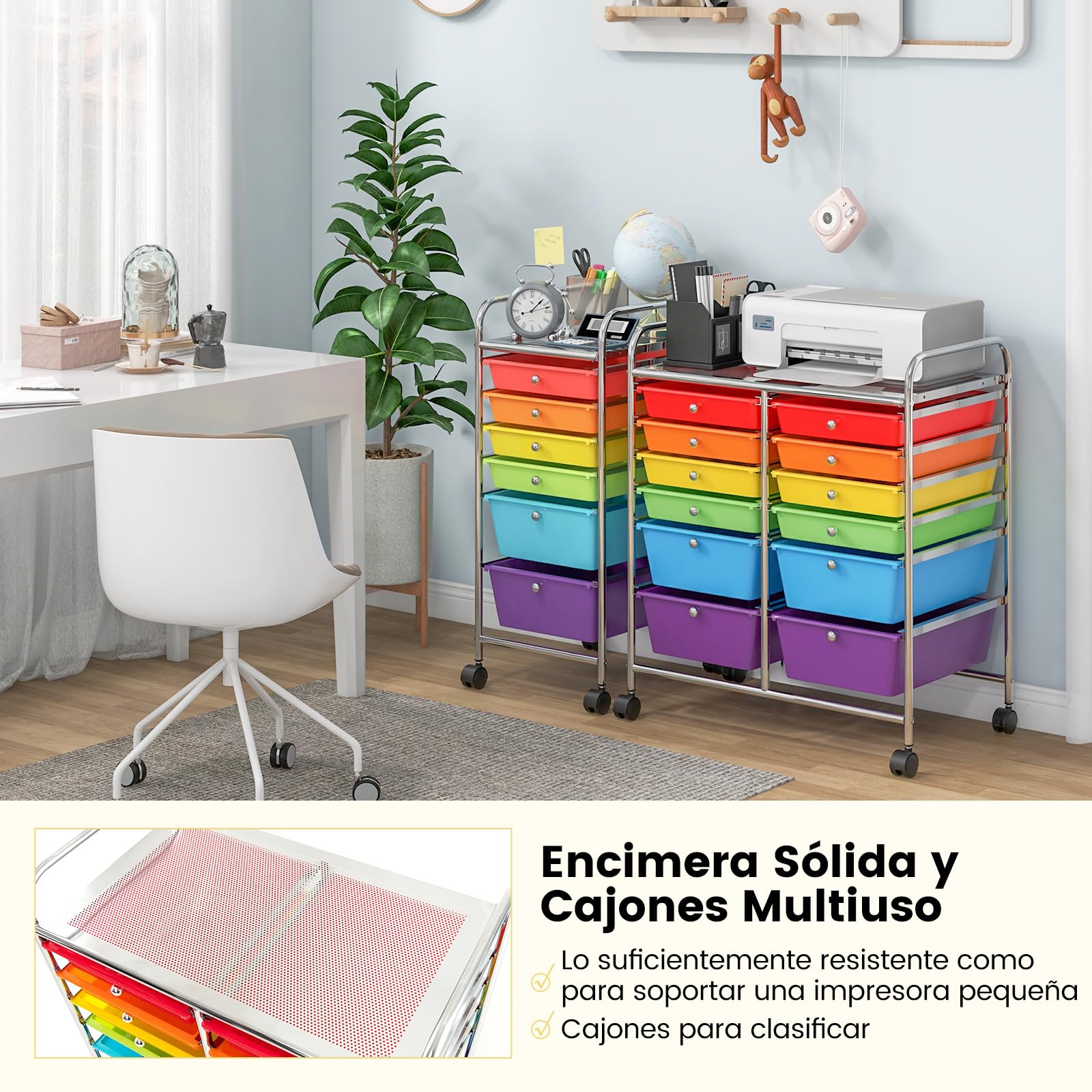 COSTWAY Carrito Auxiliar con Ruedas, Mueble Auxiliar Cocina con 12 Cajones Apilables, Carrito Organizador de Estructura Metálica, Carro Servicio para Cocina Oficina, Baño (Color Claro)