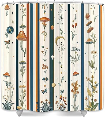 Miniatura 12 de DYNH Bonita cortina de ducha de hongos, cortina de bañera con hojas verdes botánicas florales bohemias, flores retro, decoración de baño con