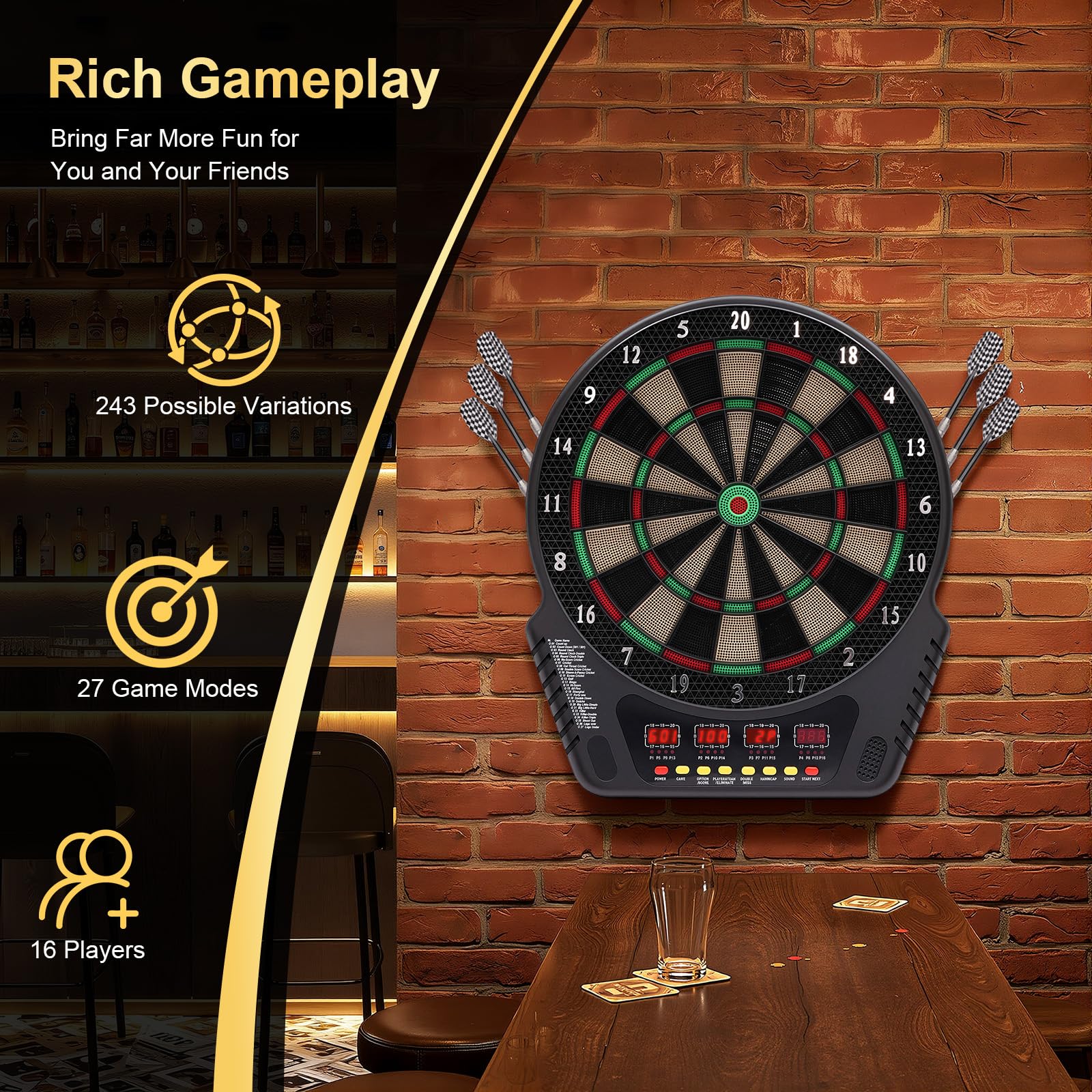 Jeu de Flechette Electronique avec 6 Flechettes, 24 Tetes, 4 Ecrans LED, 27 Modes, 243 Variantes, 16 Joueurs, Auto Score Voix