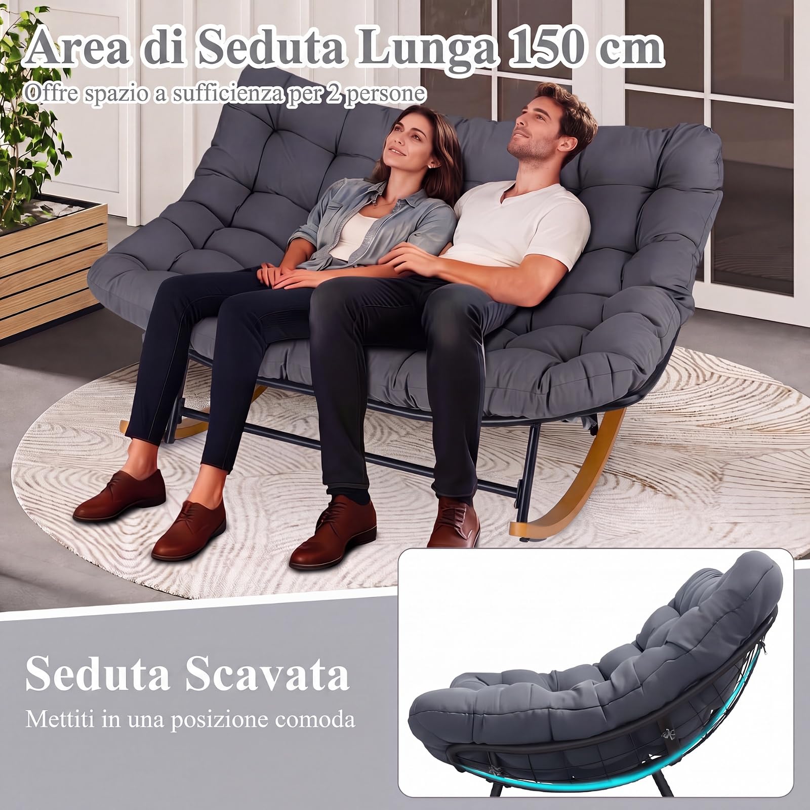 COSTWAY Poltrona Dondolo a 2 Posti, Sedia Ergonomica (Grigio Scuro)
