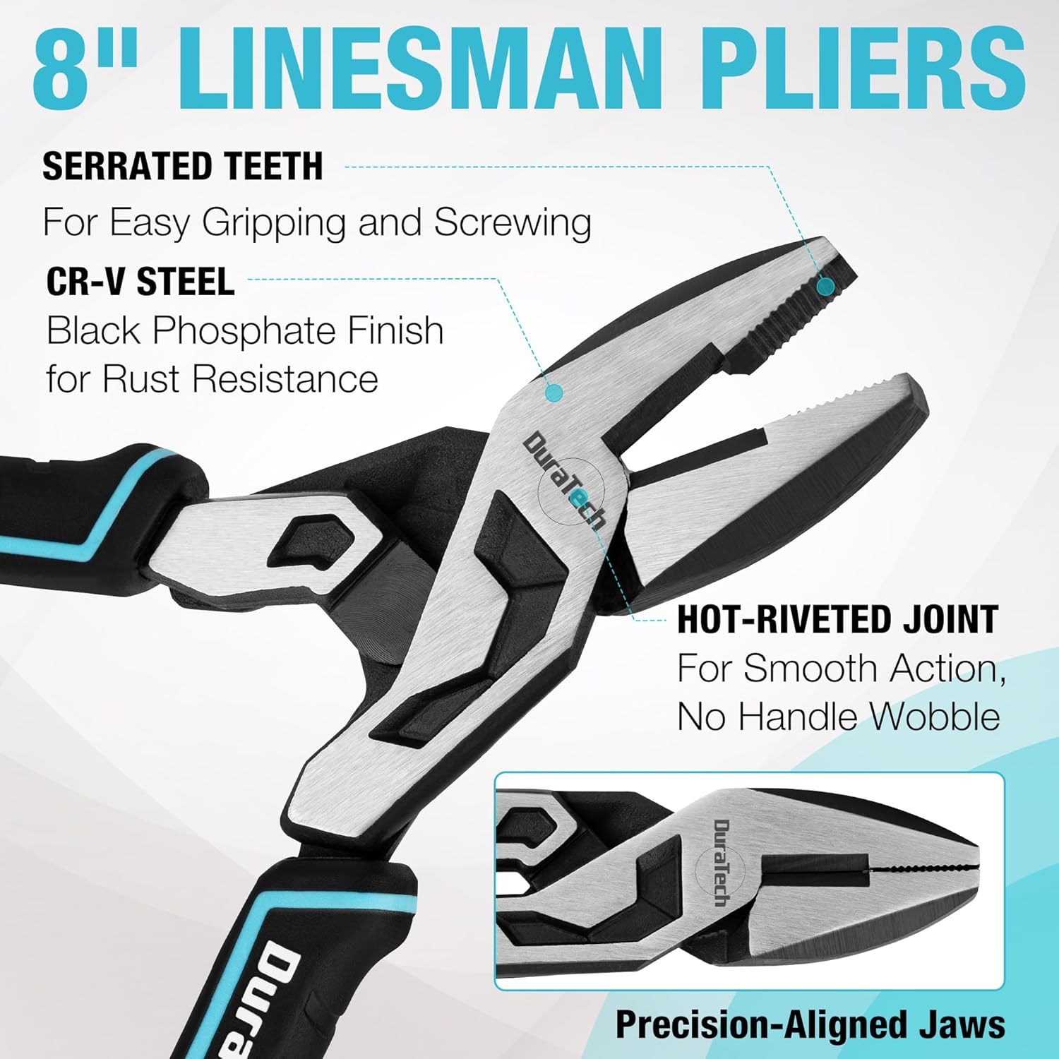 DURATECH 8-Inch Compound Lineman's Pliers, Gen 2 Dual Pivot High-Leverage Design for Ultra Labor-Saving, CR-V Steel Linesman Pliers with Wire Cutter & TPR Grip
