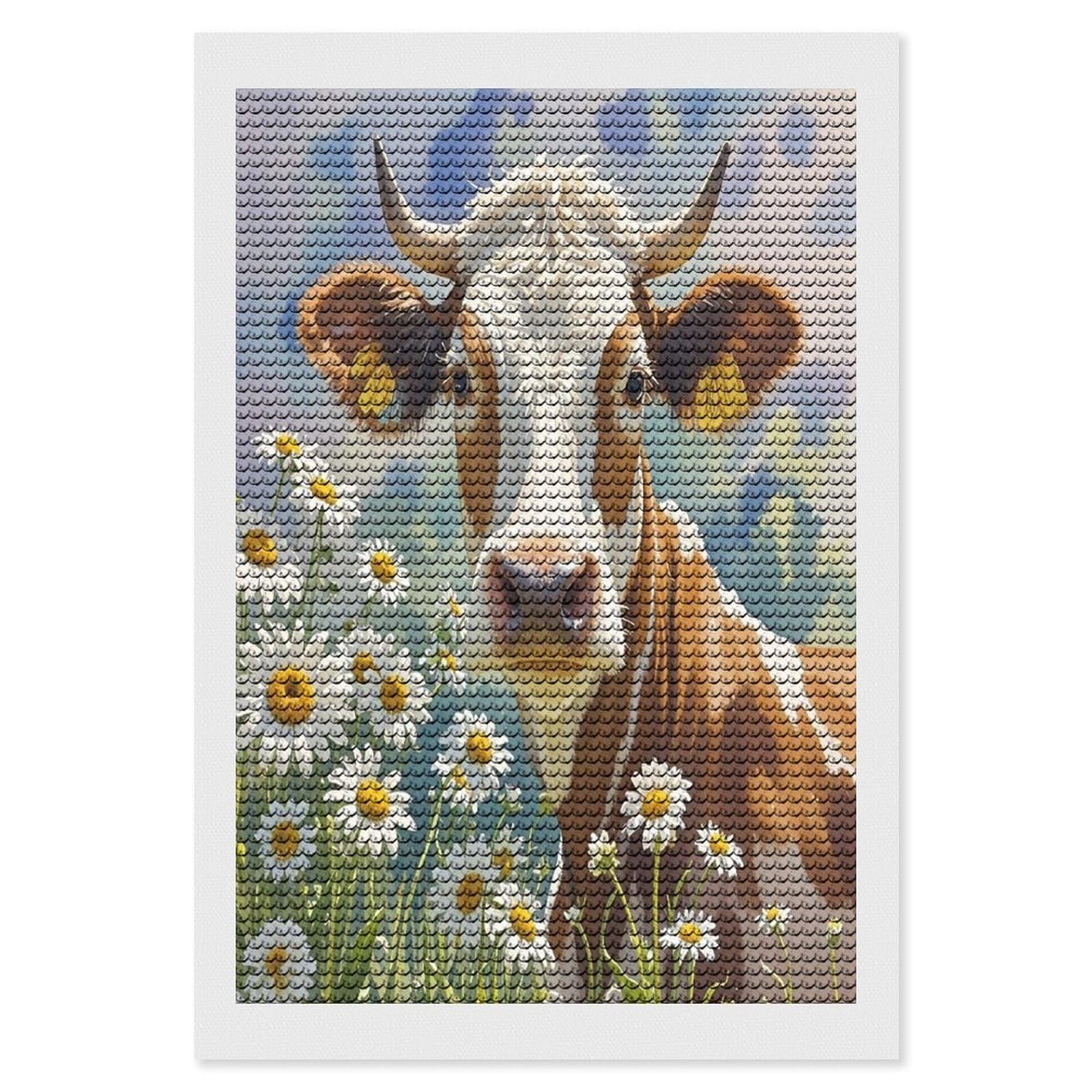 FekiLoot Watercolor Cow and Daisy Flower Diamond Painting Kits for Adults Round Paint with Diamonds Pictures Gem Art Painting Kits Personalized Diamond Art Full Drill for Beginners Home Wall Decor