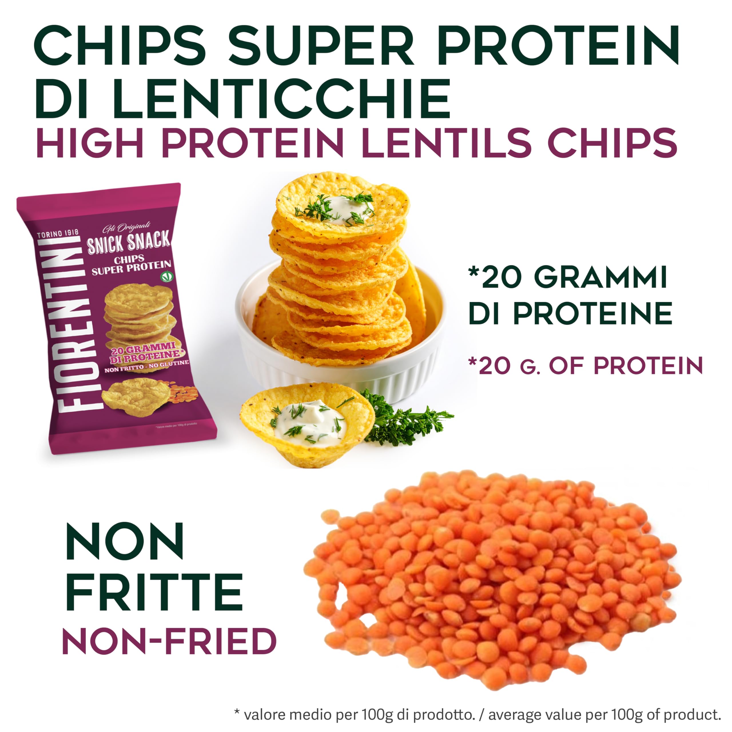10 Snick Snack Chips Super Protein Fiorentini, 20 Grammi di Proteine con Lenticchie Rosse, Vegane, Senza Glutine, Multipack Formato Convenienza - 10 x 65 gr