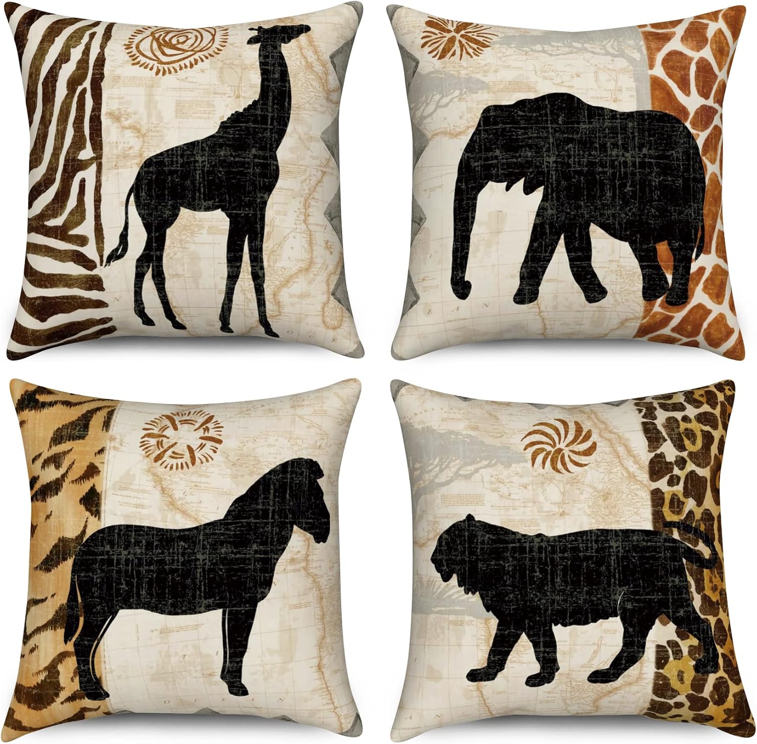 Animal Print Pillow Covers 18x18 Set of 4, African Animals