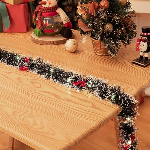 Miniatura 9 de Guirnalda metálica de oropel con punta de escarcha verde oscuro de 16.4 pies con 50 luces LED cálidas, decoración artificial de árbol de Navidad