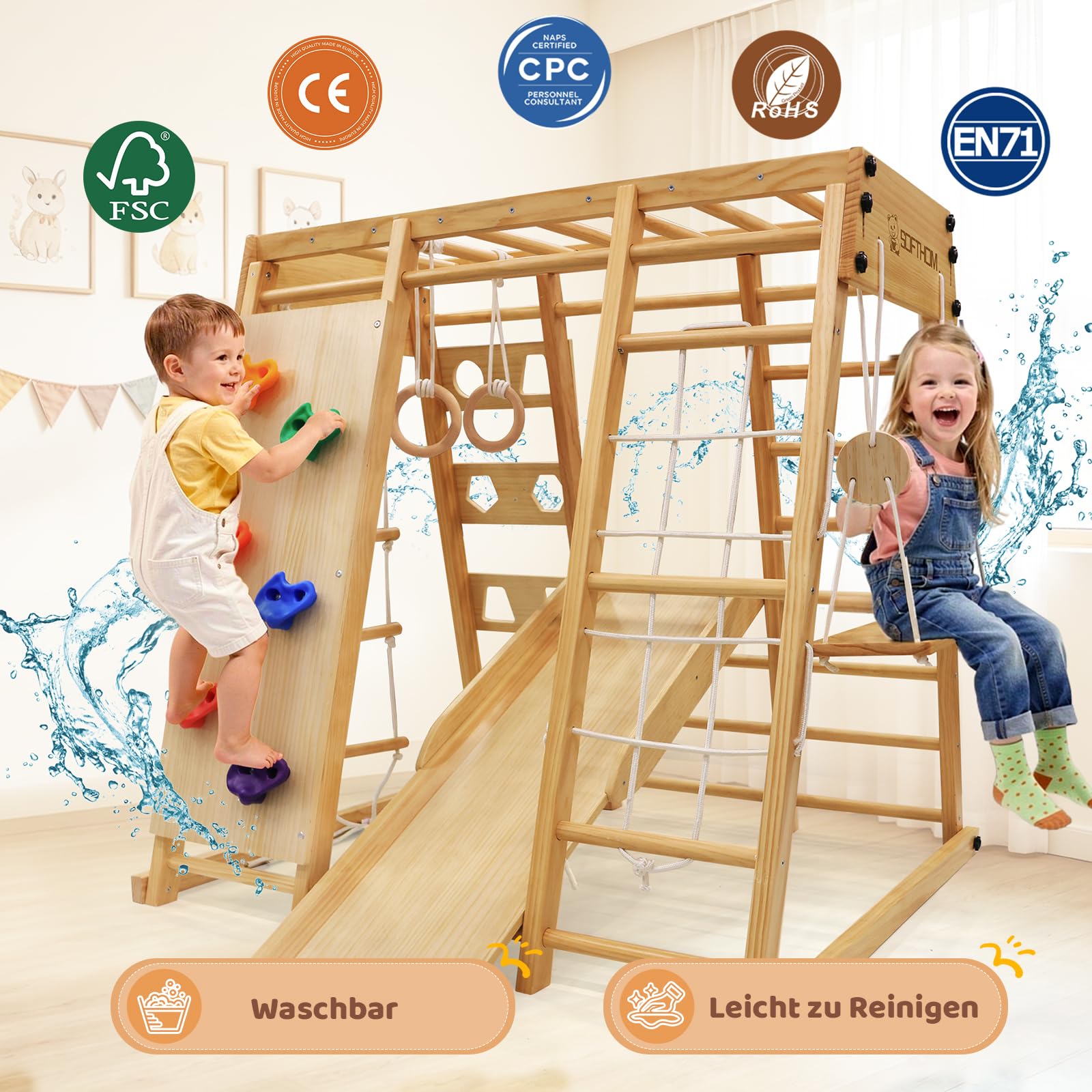 Maxi Estructura de Escalada de Interior, 10 en 1 Multifuncional Estructura de Escalada para Niños, Impermeable&Plegable, Montessori Set de Escalada de Madera, Monopatín, Balancearse