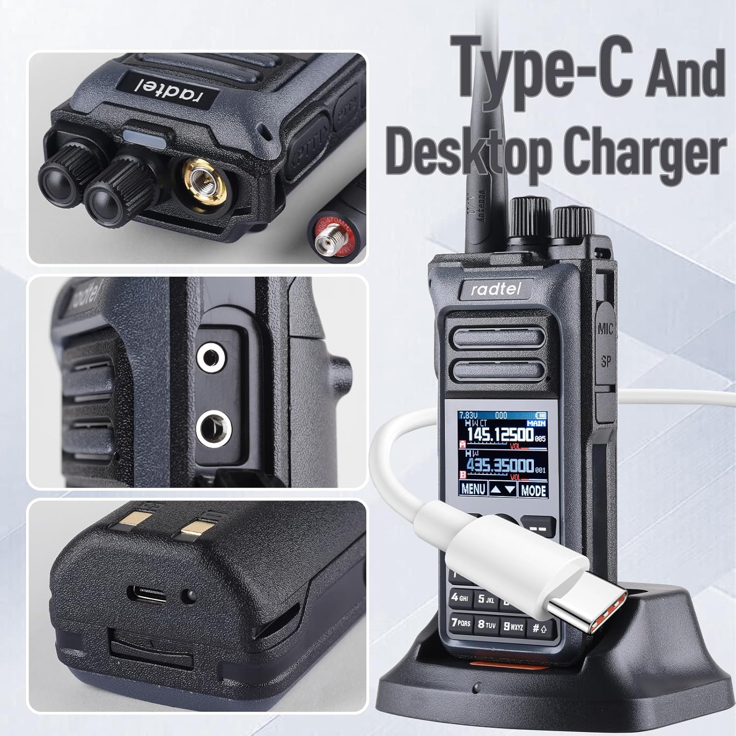 Radtel RT-752 charging via USB-C and desktop charger