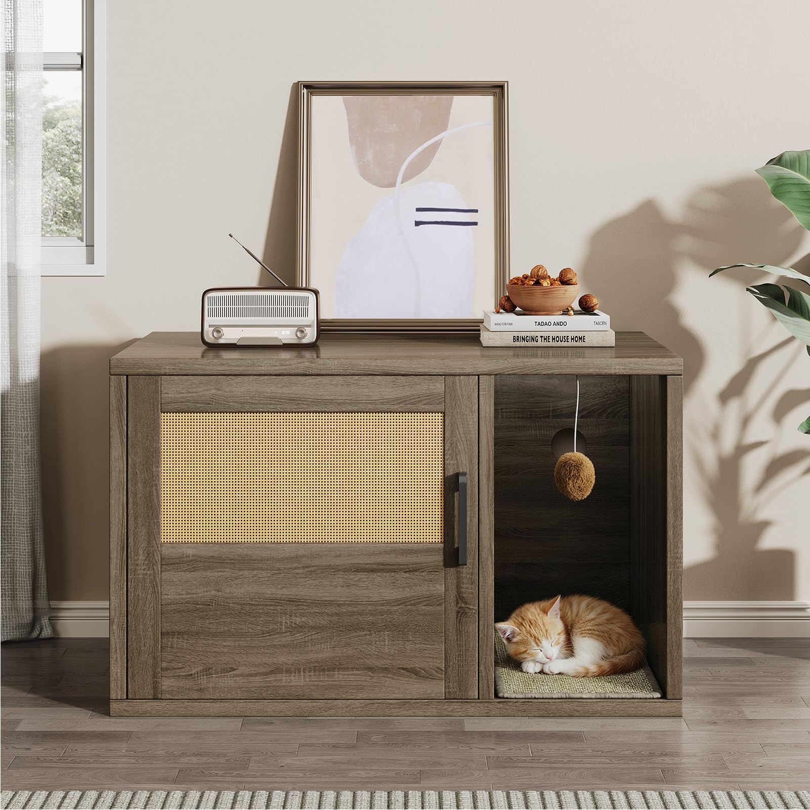 Hidden Cat Litter Box Enclosure with Cat Scratch Pad, Farmhouse Enclosed Cat Cabinet Litter Box Furniture with Bell, 31.5x19.69x19.69 in