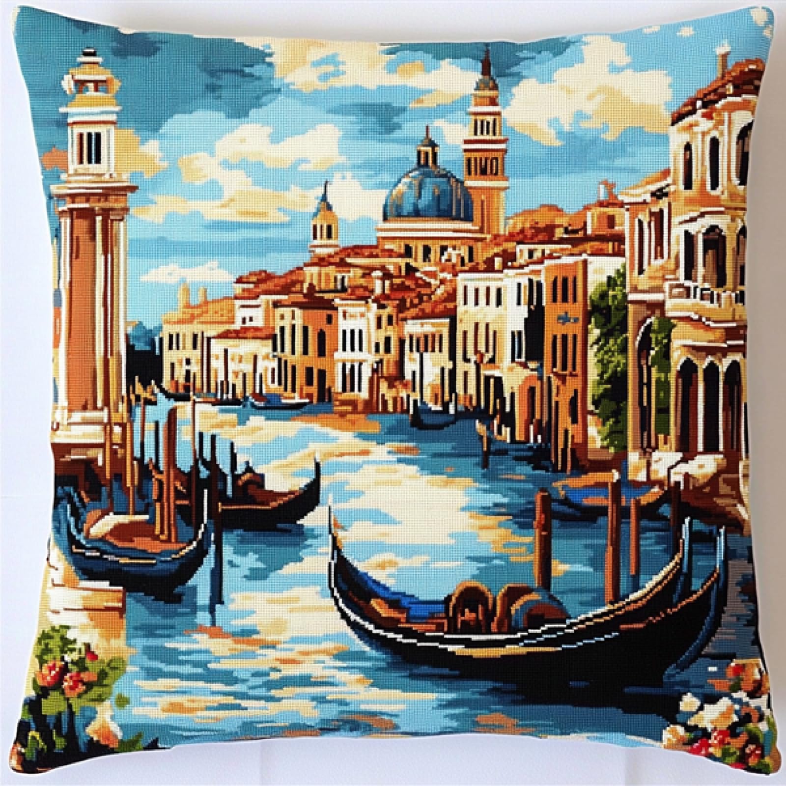 ANSIWEIGO DIY Latch Hook Pillow Kit – Venice, Italy – 43x43 cm Pre-Printed Canvas Cushion Craft for Adults & Kids, Yarn & Tool Set for Fun Home Decor or Gift-Making