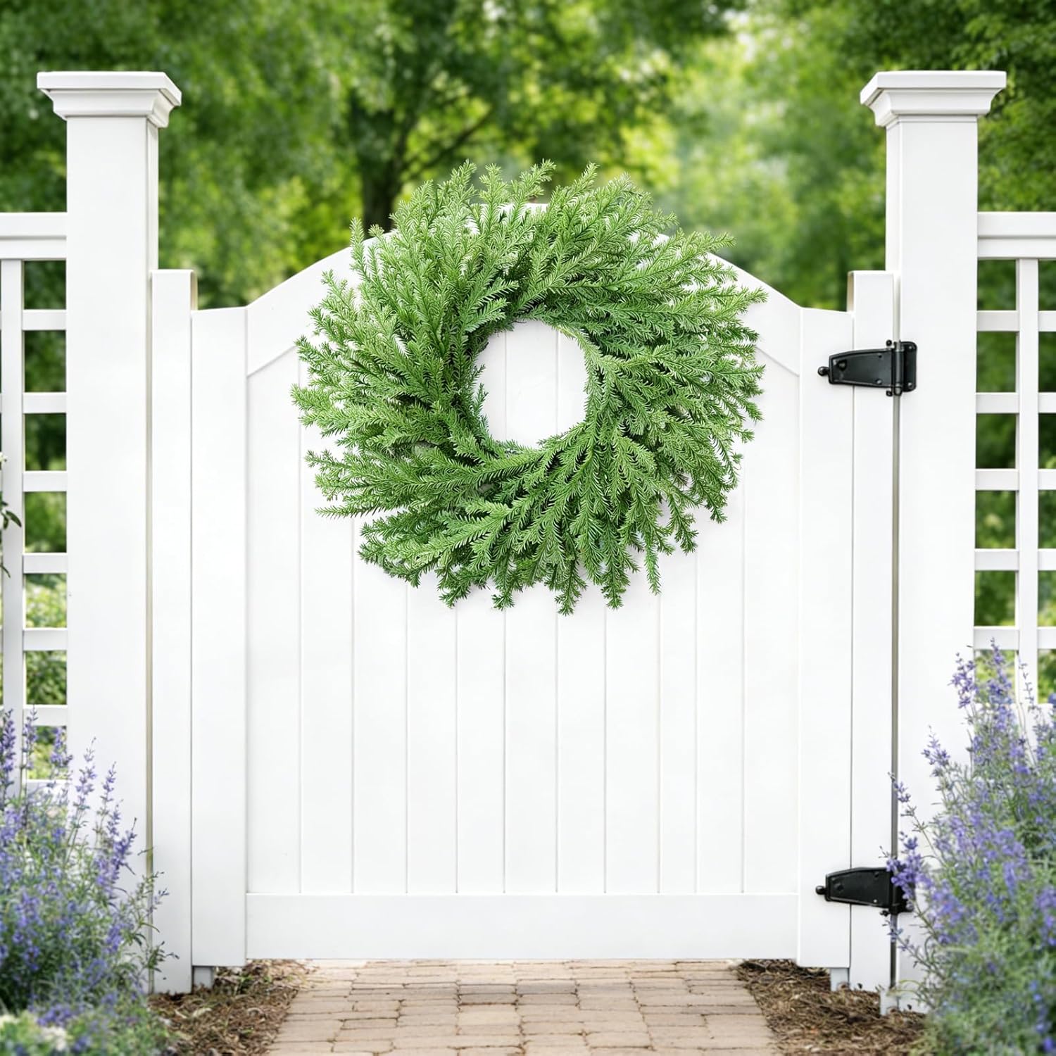 26" Norfolk Pine Wreath, Large Greenery Wreath for Front Door, Green Year Round Real Touch Artificial Wreath for Wall Porch Rustic Home Holiday Decor, with Lights, Red Bow, Bell, FF11
