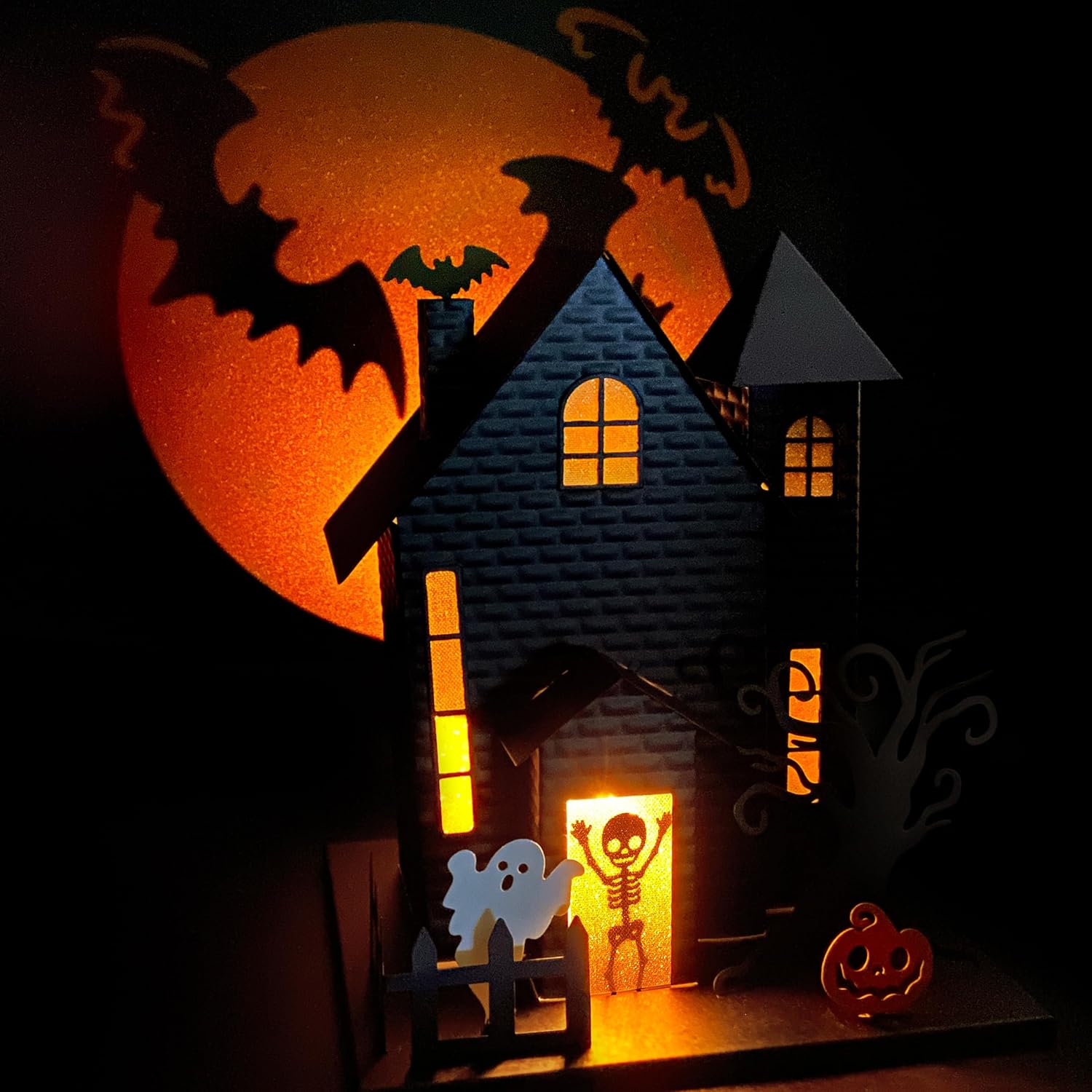 Haute Decor Halloween Haunted House with Bat Projection - Unique Lighted Black Metal Haunted House for Tabletop Halloween Decoration