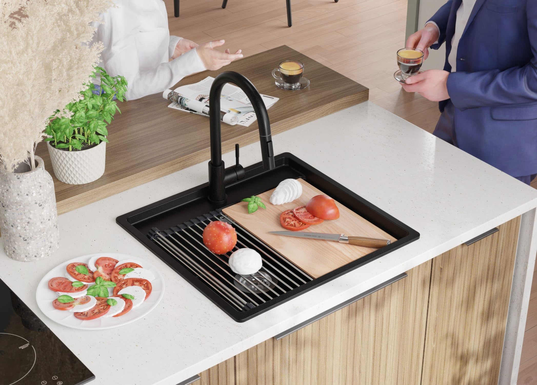 PRIMAGRAN Fregadero Granito Todo Negro - Bergen Low Cut Top Slim, 56x53cm | Cocina 1 Seno + Grifo 38x14cm + Zuberhor-Set, sobre Encimera al Mueble 60cm (S220)