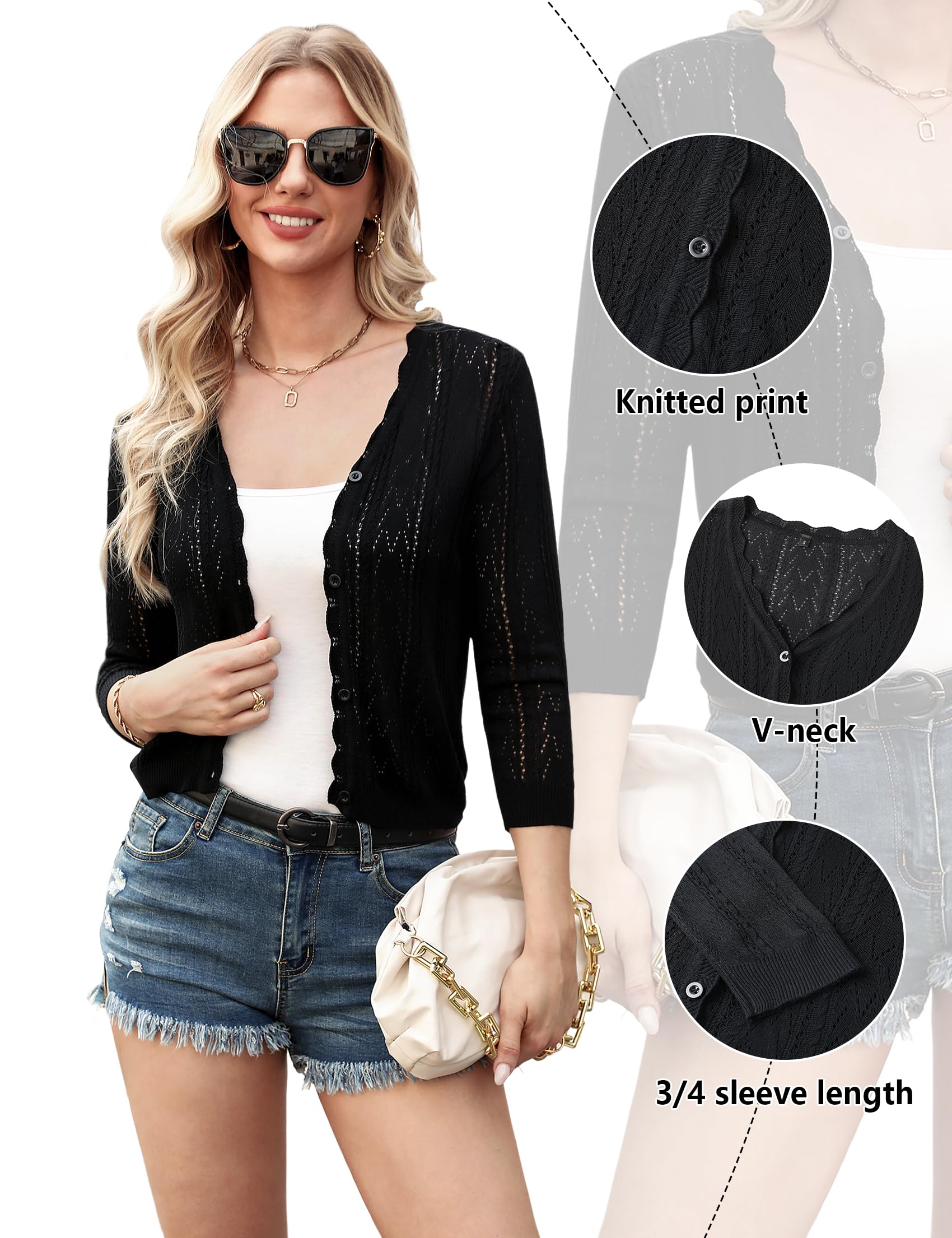 Gyabnw Damen Strickjacke 3/4 Ärmel Bolerojacke Casual Einfarbig Cardigan Freizeit Sommerjacke Outerwear
